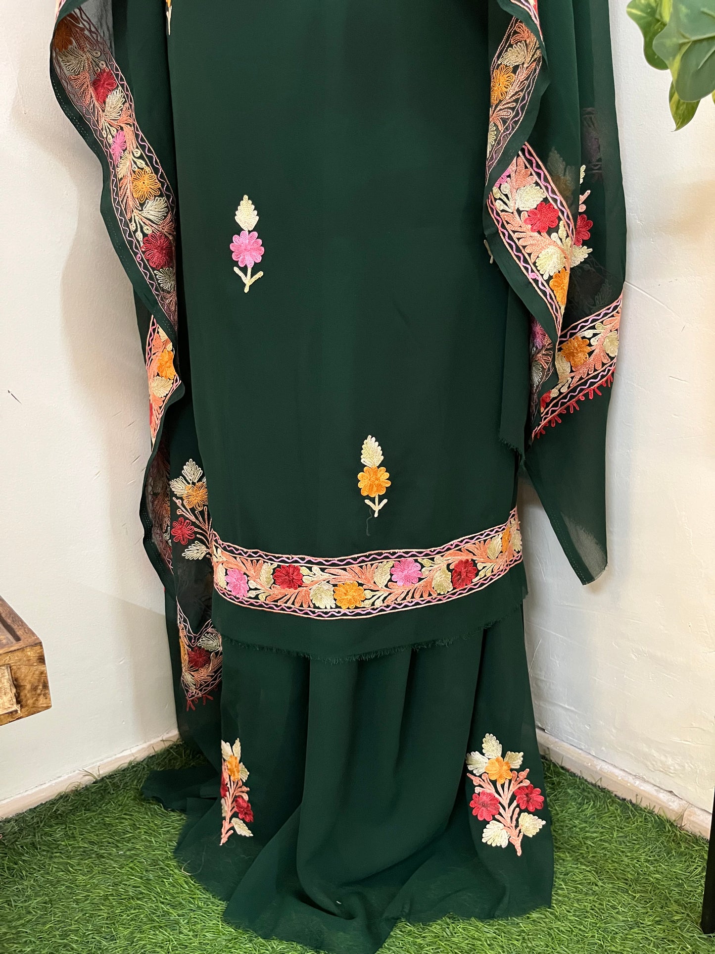 Bottle Green Georgette 3 Pc Aari Embroidered Suit Set