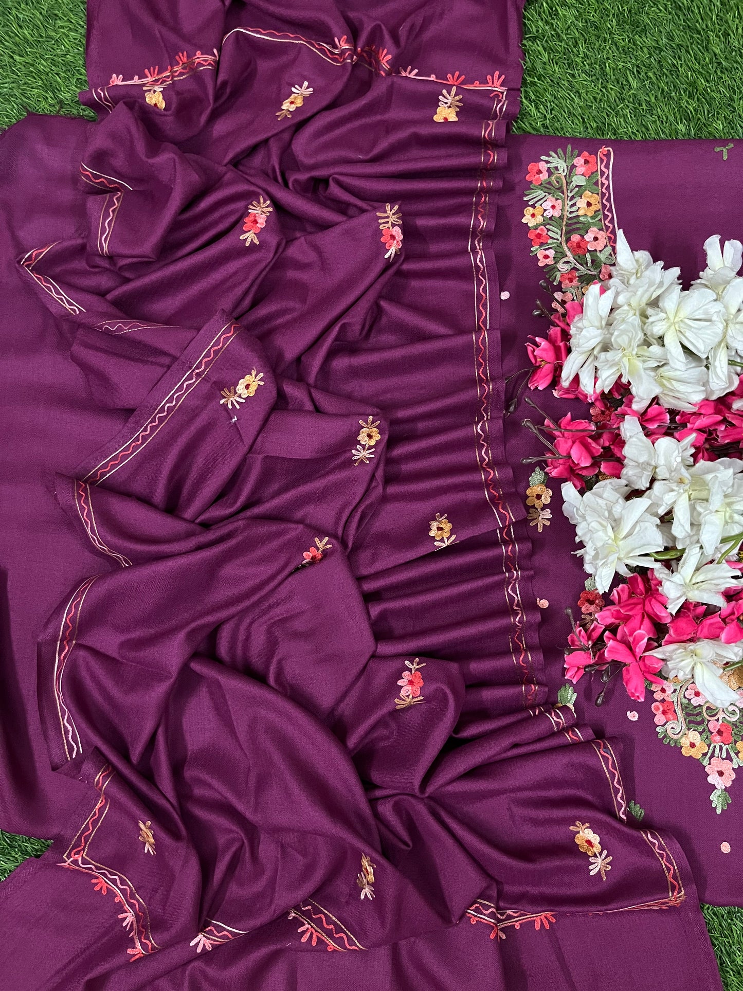Wine Woollen Aari Embroidered 3pc suit