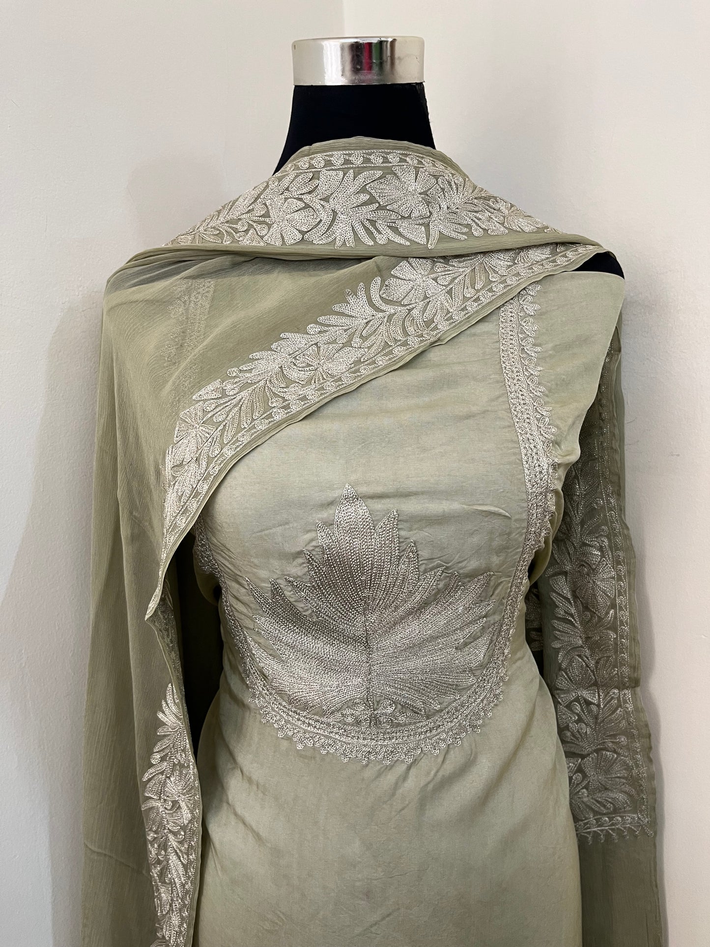 Sanam’ Pastel Green Tilla Embroidered Suit material