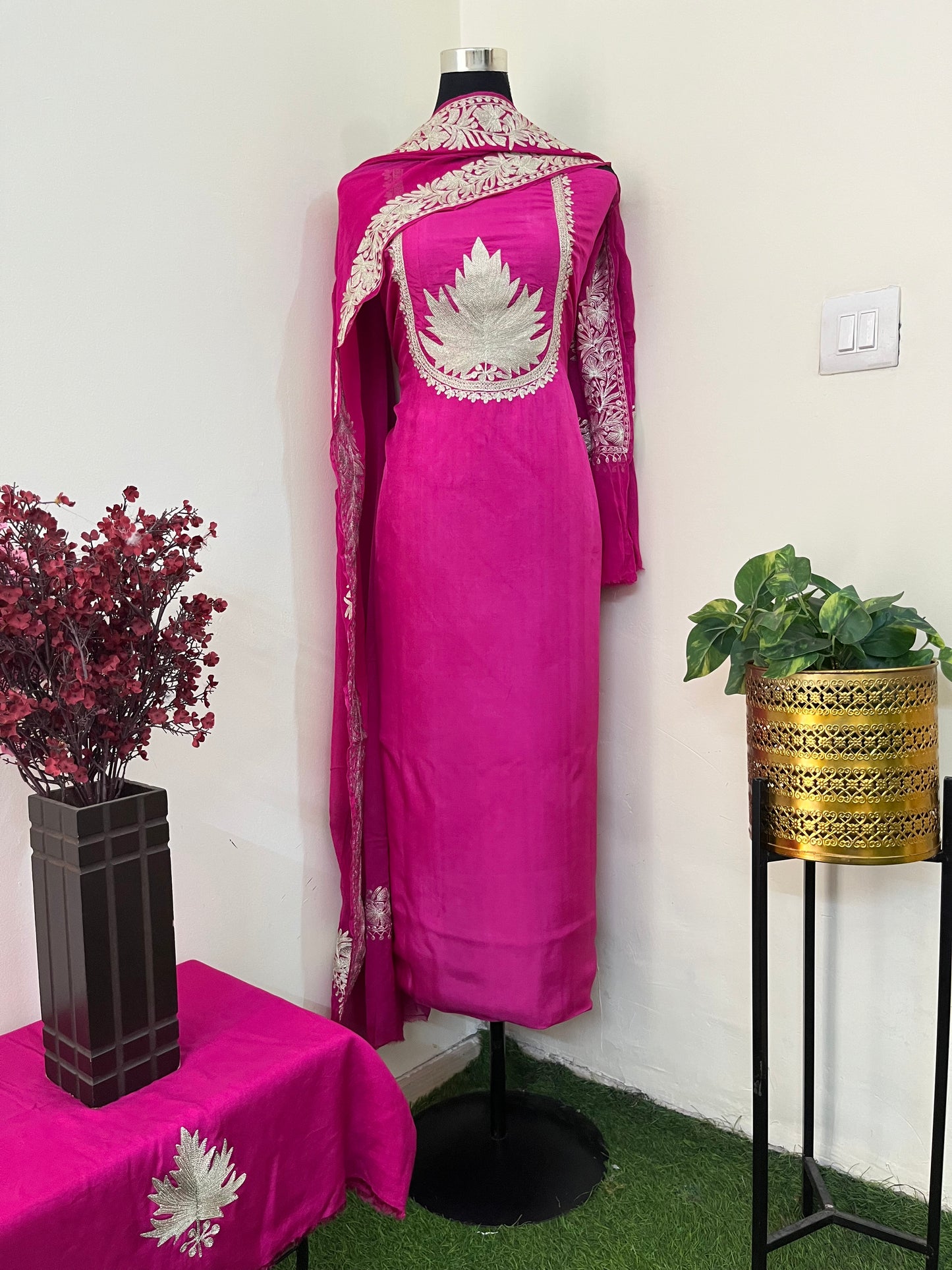 Sanam’ Fuchsia Pink Tilla Embroidered Suit material