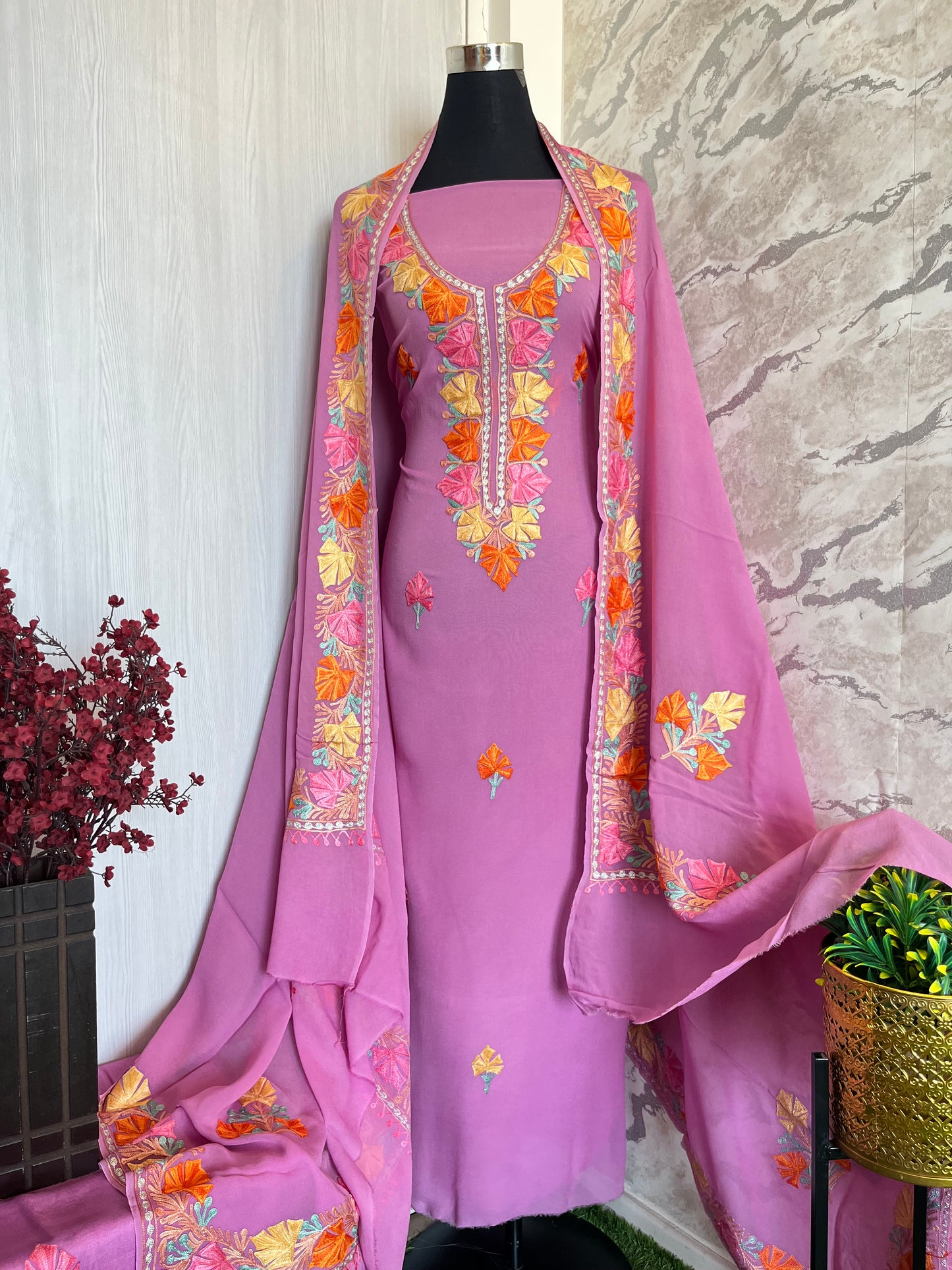 Lilac Pure Georgette Aari Embroidered Suit