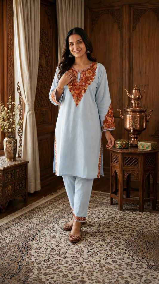 Ice Blue Cotton Stitched Co-ord Set (42)