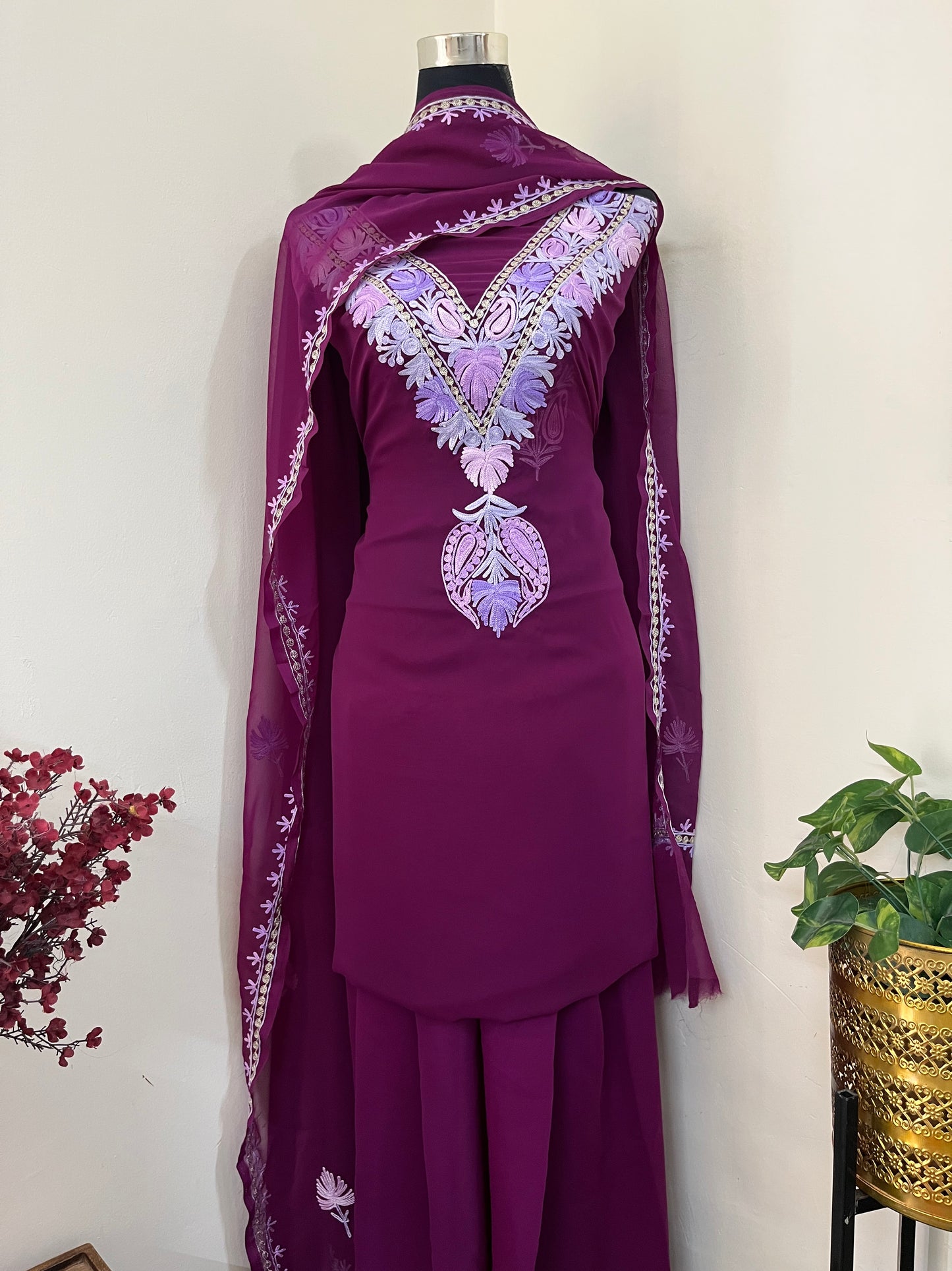 Wine Georgette 3 Pc Aari Embroidered Suit Set