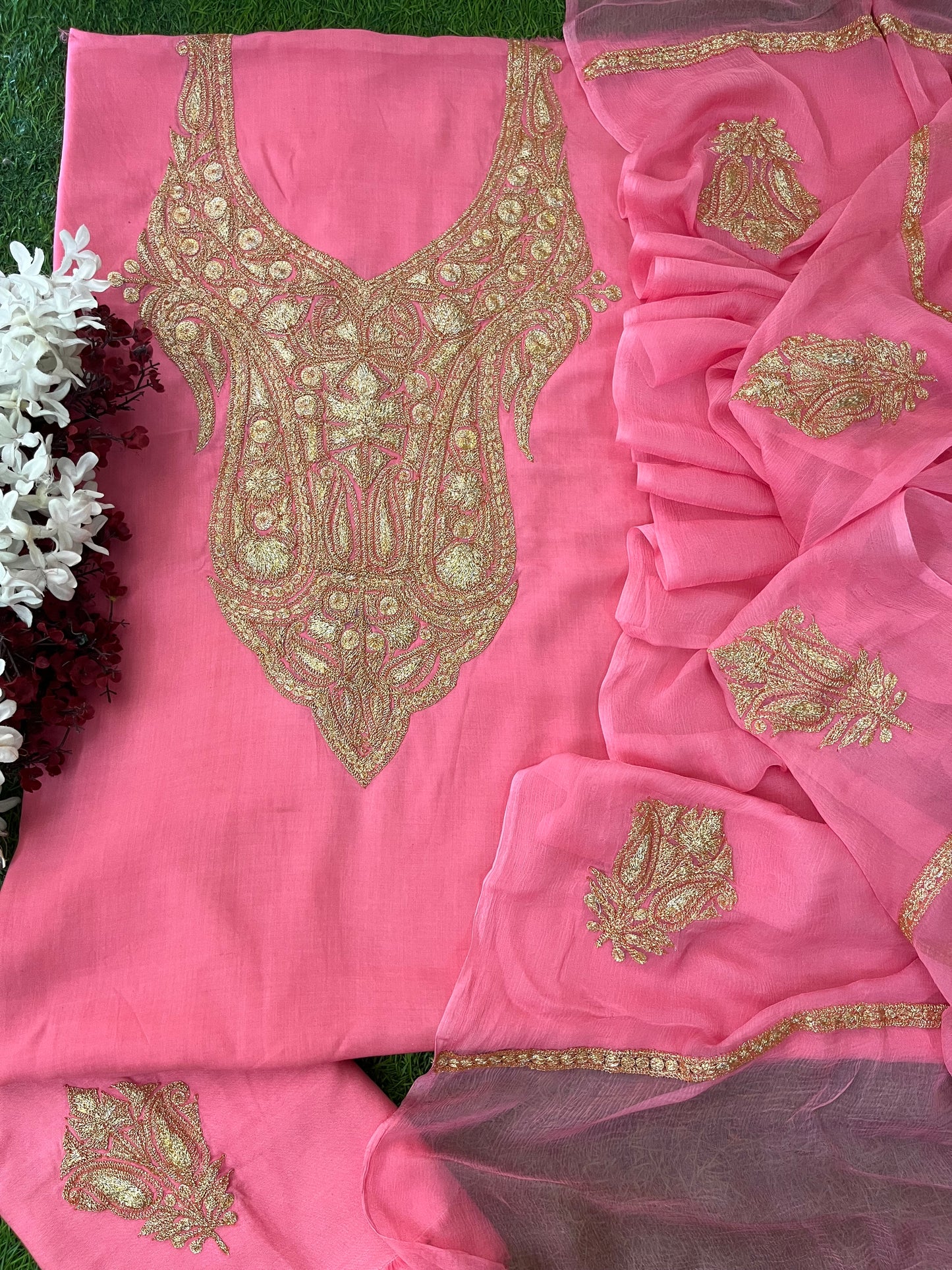 Kalaa’ Soft Pink Muslin Silk Tilla Embroidered Suit material