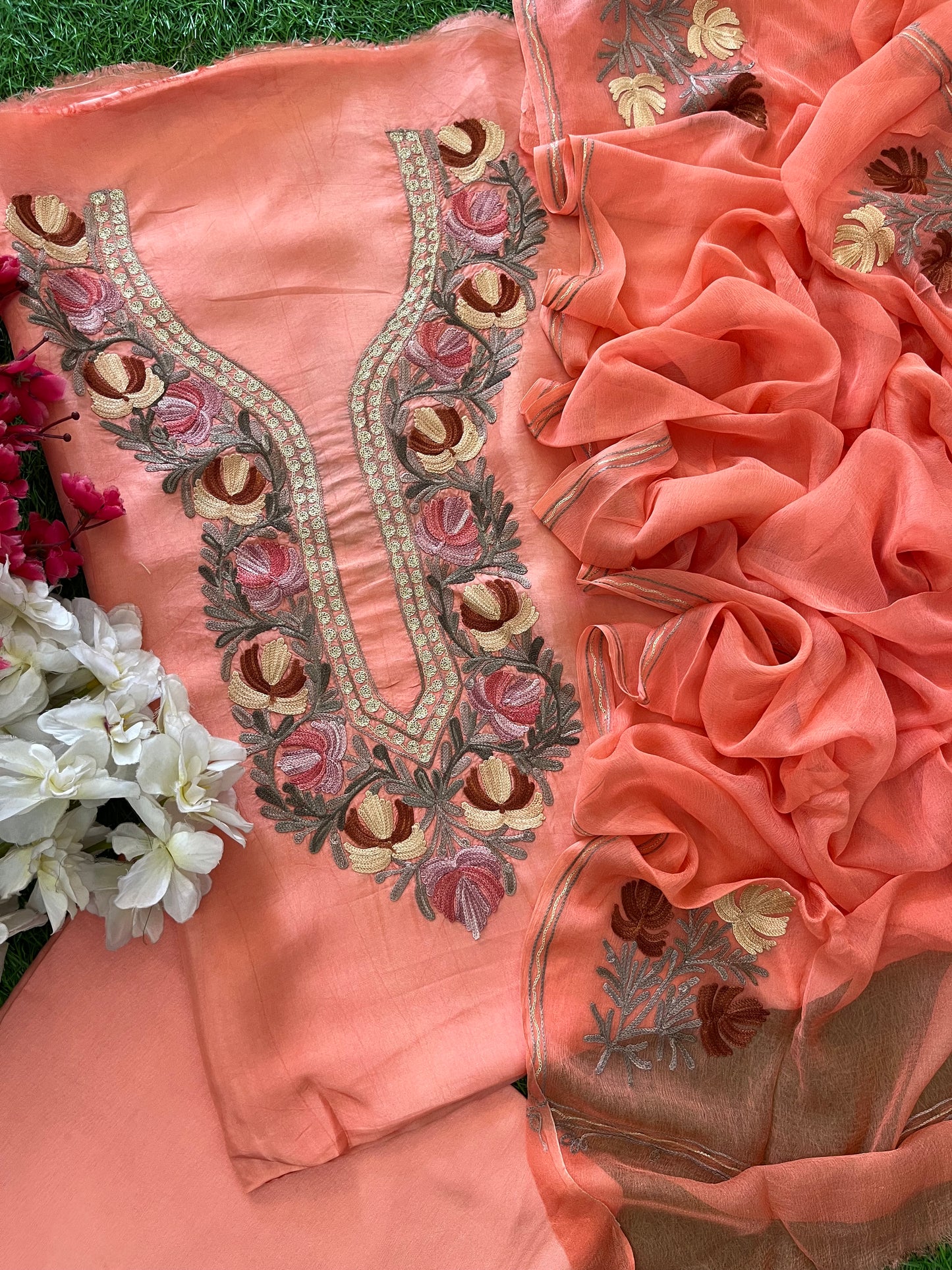 Peach Opada Silk Aari Embroidered Suit material