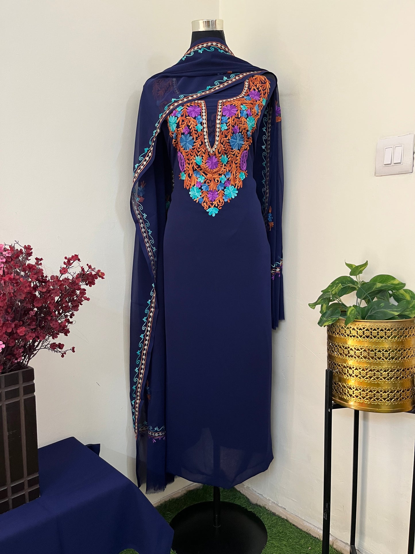 Blue Georgette 3 Pc Aari Embroidered Suit Set