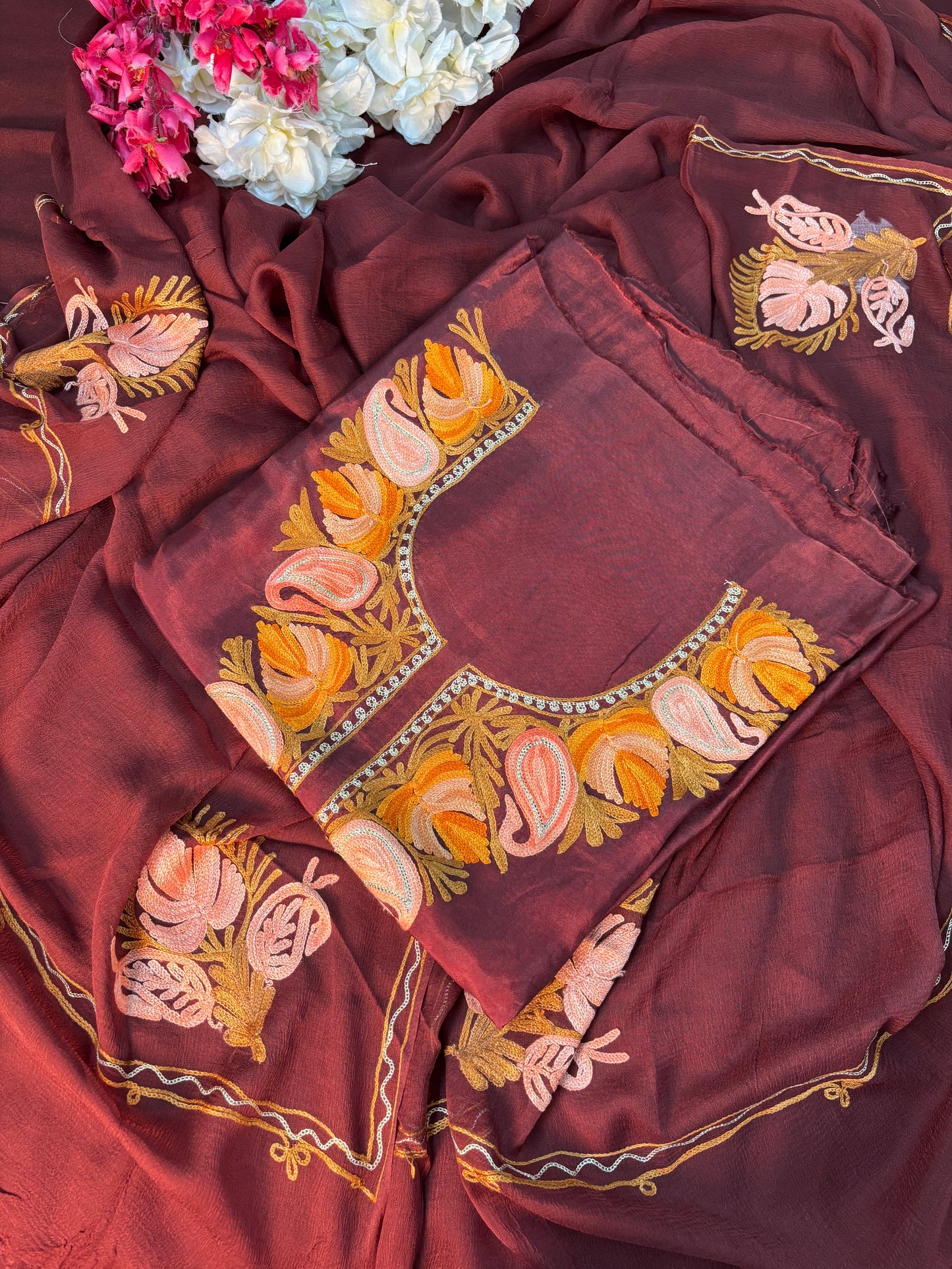Chocolate Brown Opada Silk Aari Embroidered Suit material