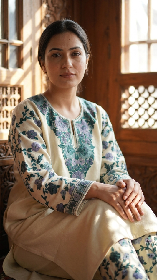 Off White Woollen Kashmiri Co-Ord Set ( Size 40 )