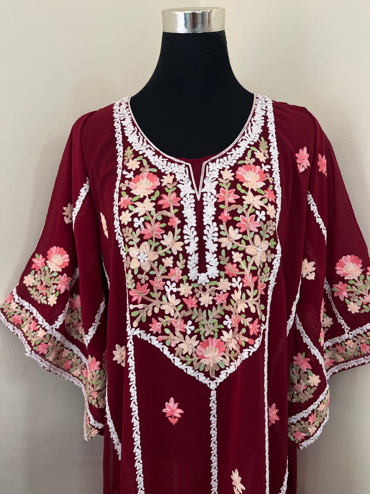 Maroon Georgette All over Work Aari Embroidered Unstitched Kurta