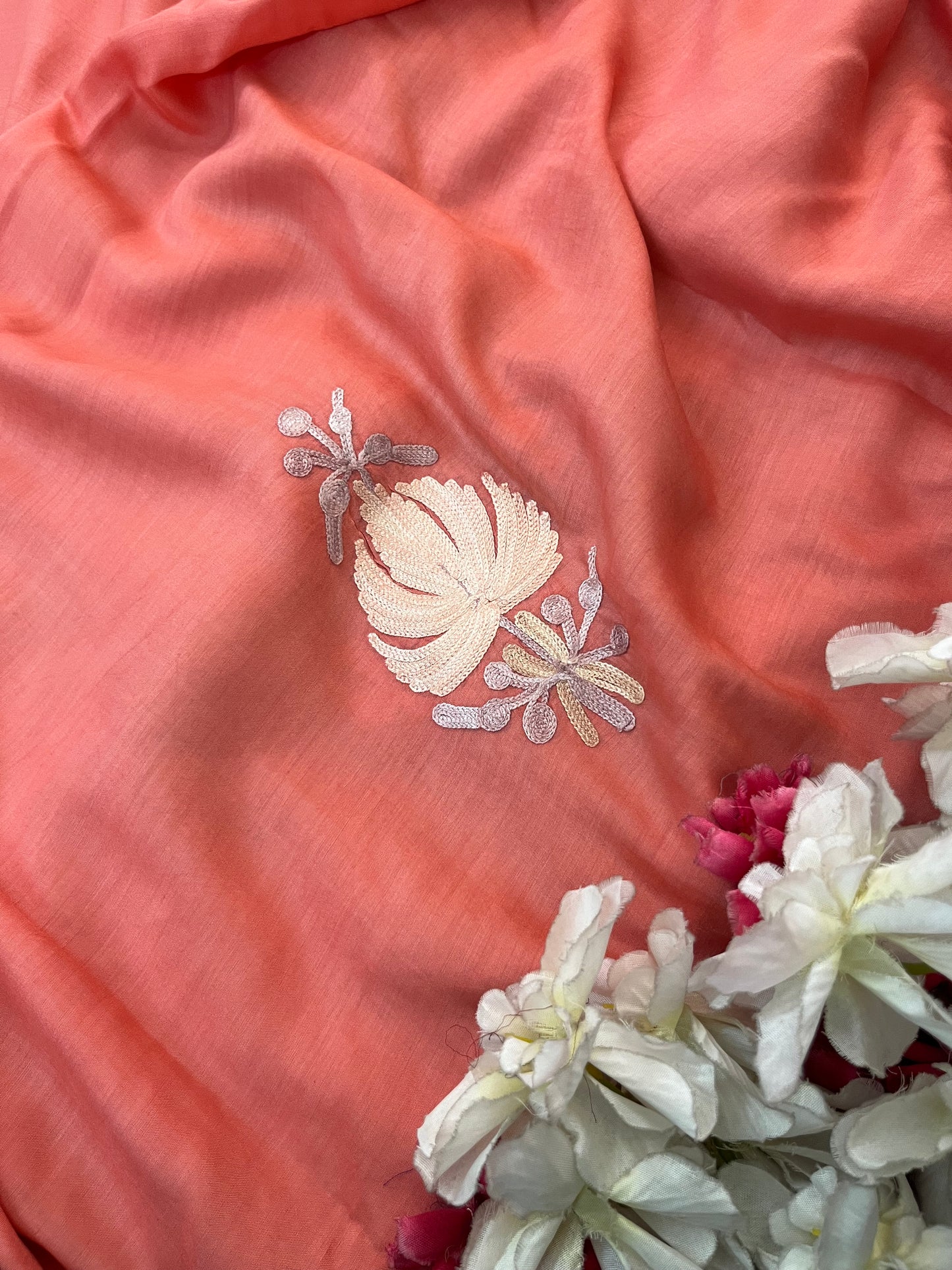 Peach Mul Cotton Shibori Work Kashmiri 3pc Suit