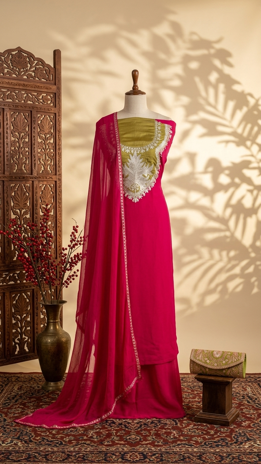 Fuchsia Pink Crape Kashmiri Suit with Clutch