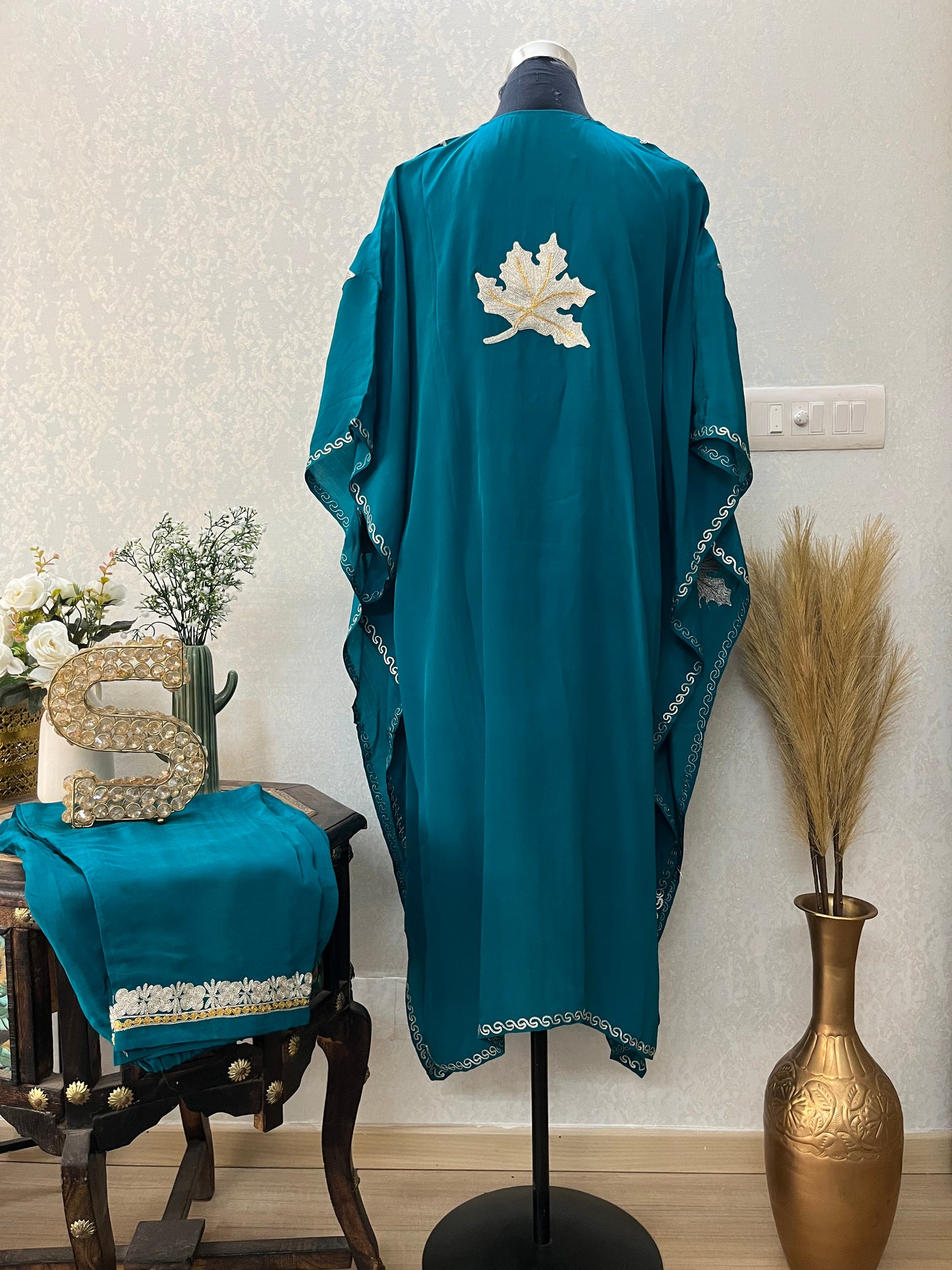 Firozi Crape Kashmiri Kaftan Set