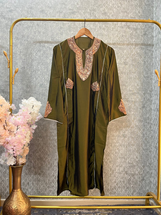 Henna Green Silk Tilla Embroidered Phiran