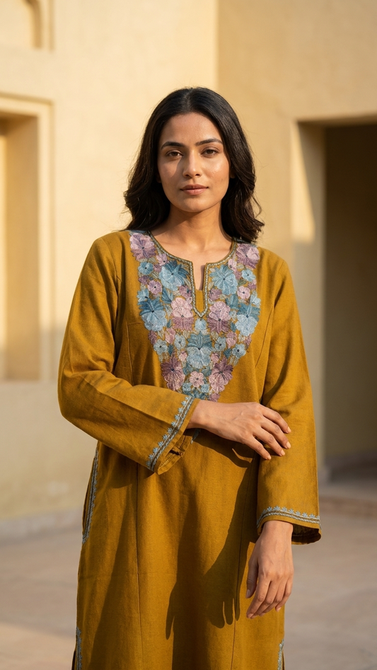 Golden Yellow Aari Embroidered Wool Pheran