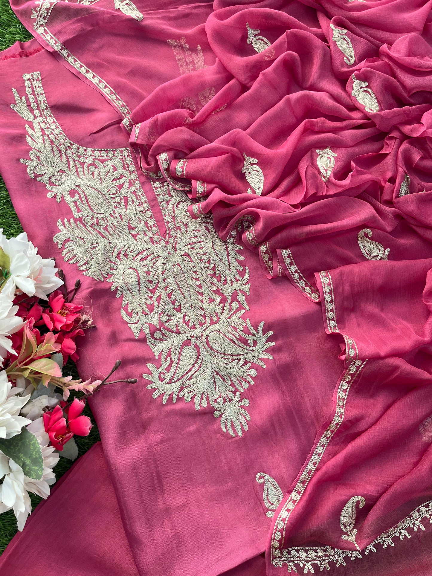 Onion Pink Silk Tilla Kashmiri Suit
