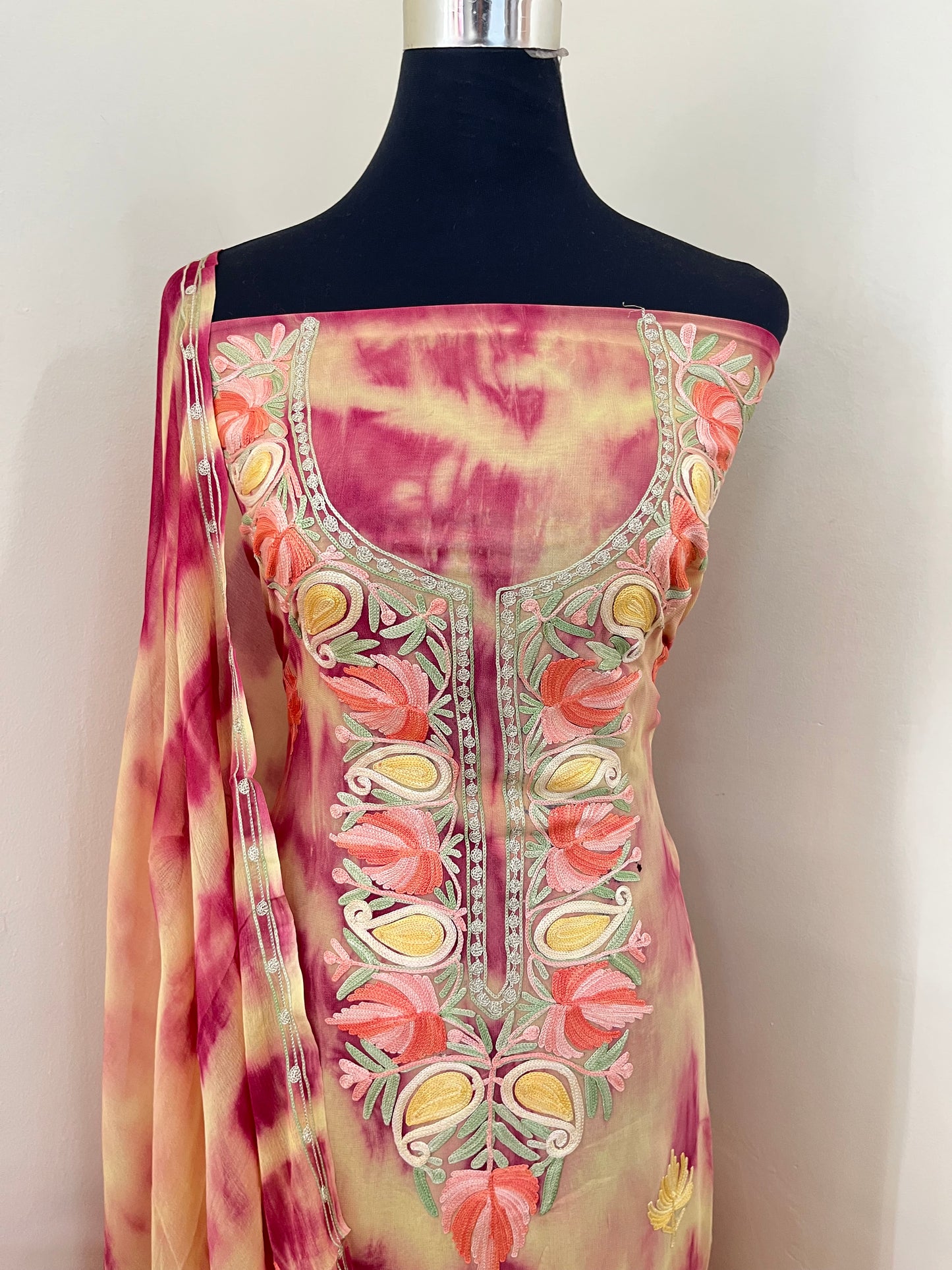 Yellow Pink Pure Georgette Ty Dy Kashmiri Suit