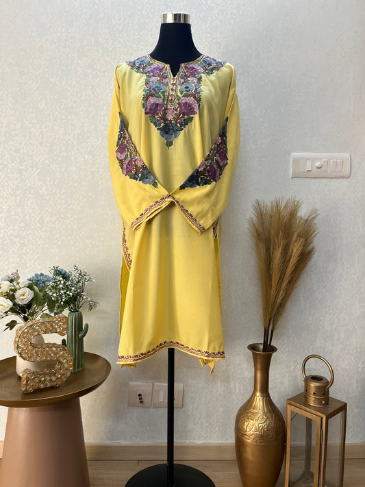 Yellow Cotton Aari Work Kurta