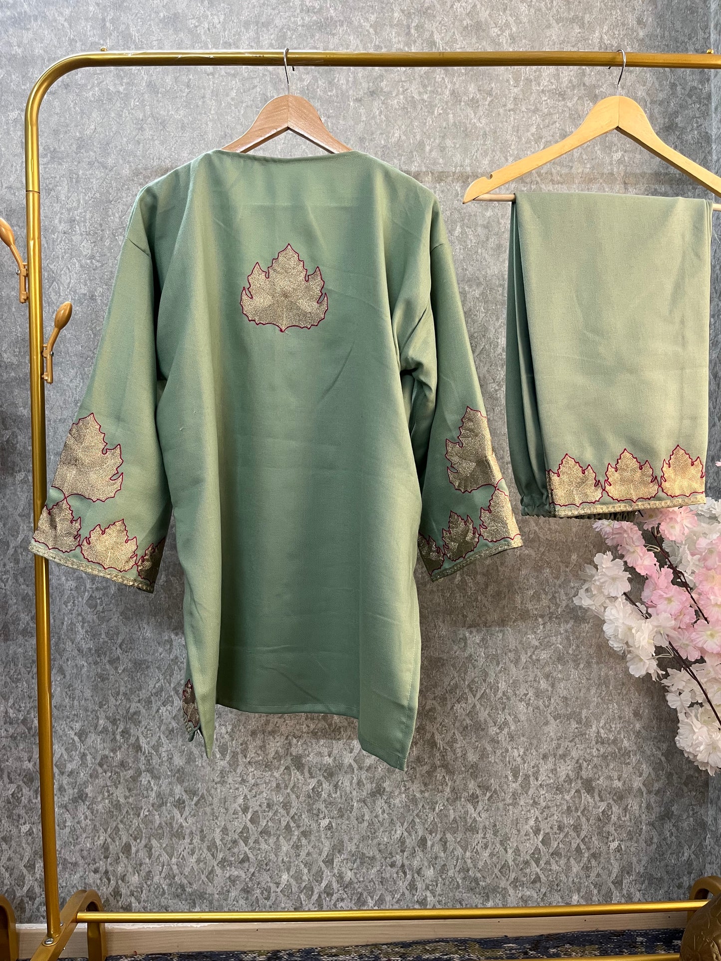 Pastel Green Woollen Kashmiri Co-Ord Set ( Size 44)