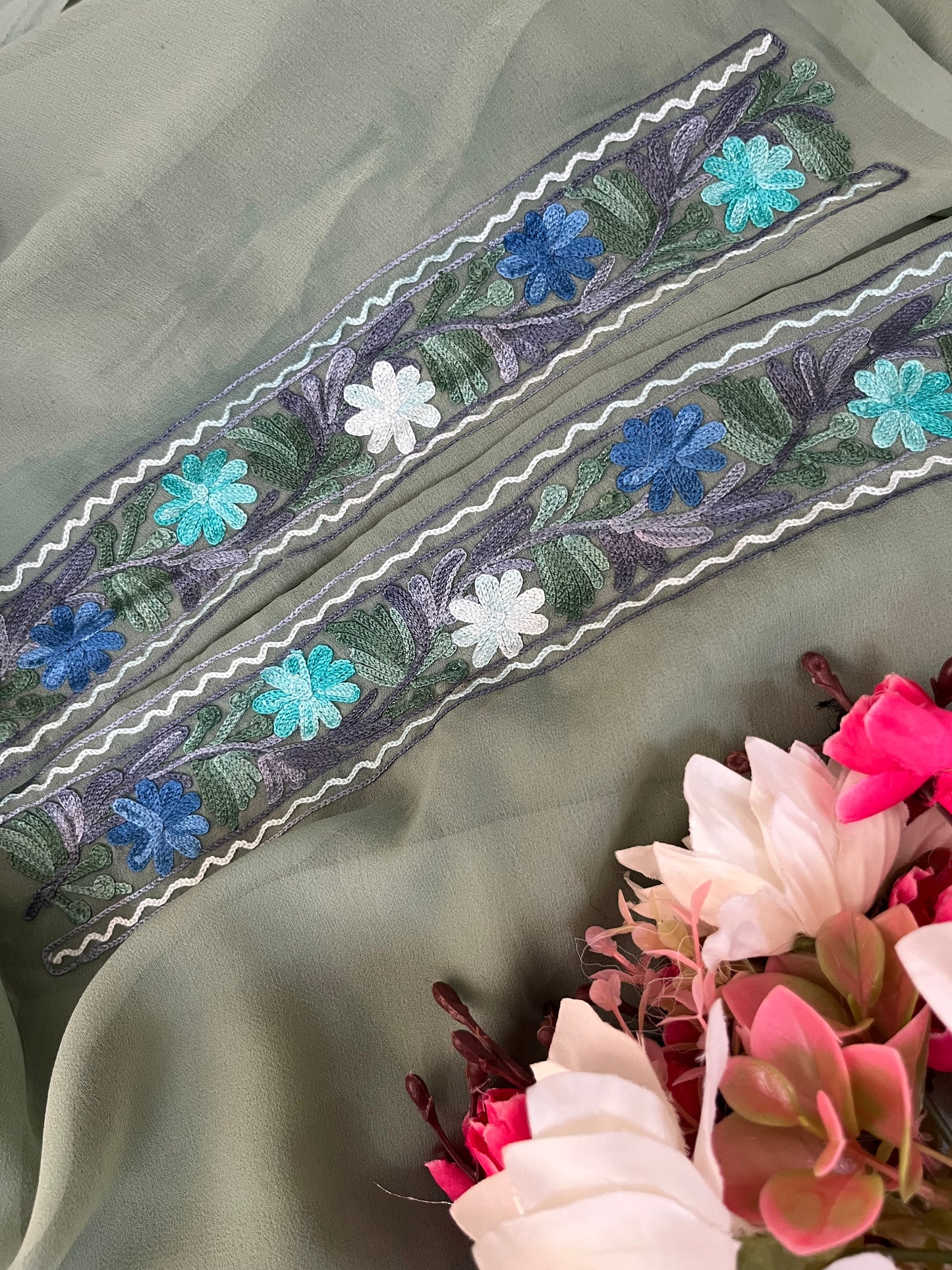 Tea Green Georgette 3 Pc Aari Embroidered Suit Set