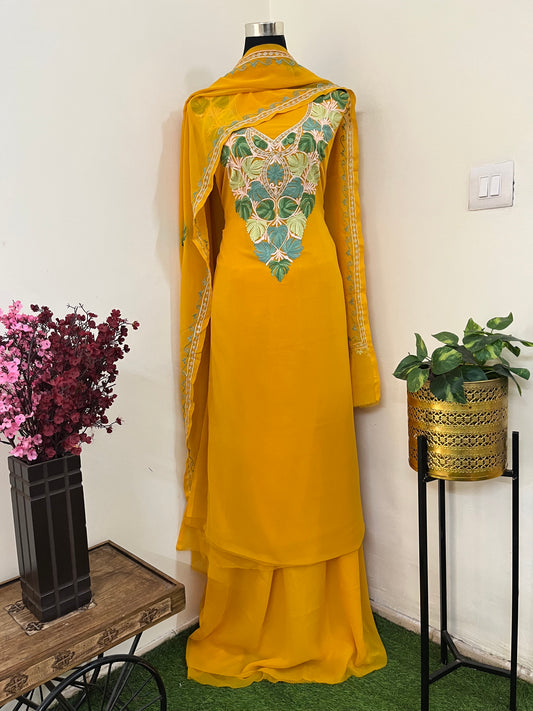 Mustard Georgette 3 Pc Aari Embroidered Suit Set