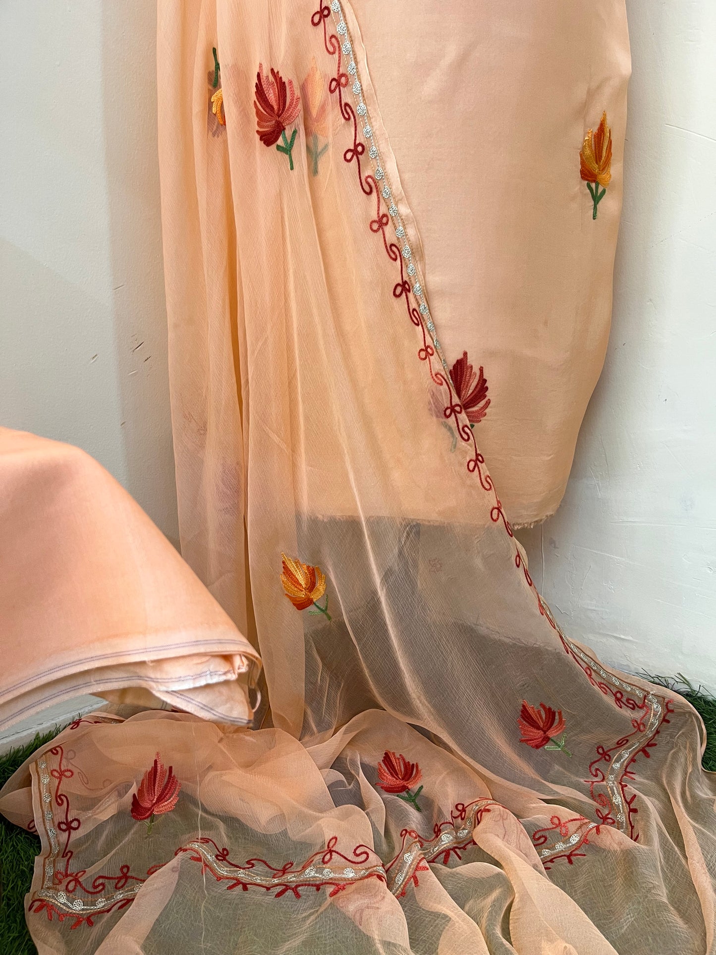 Peach Opada Silk Kashmiri Suit