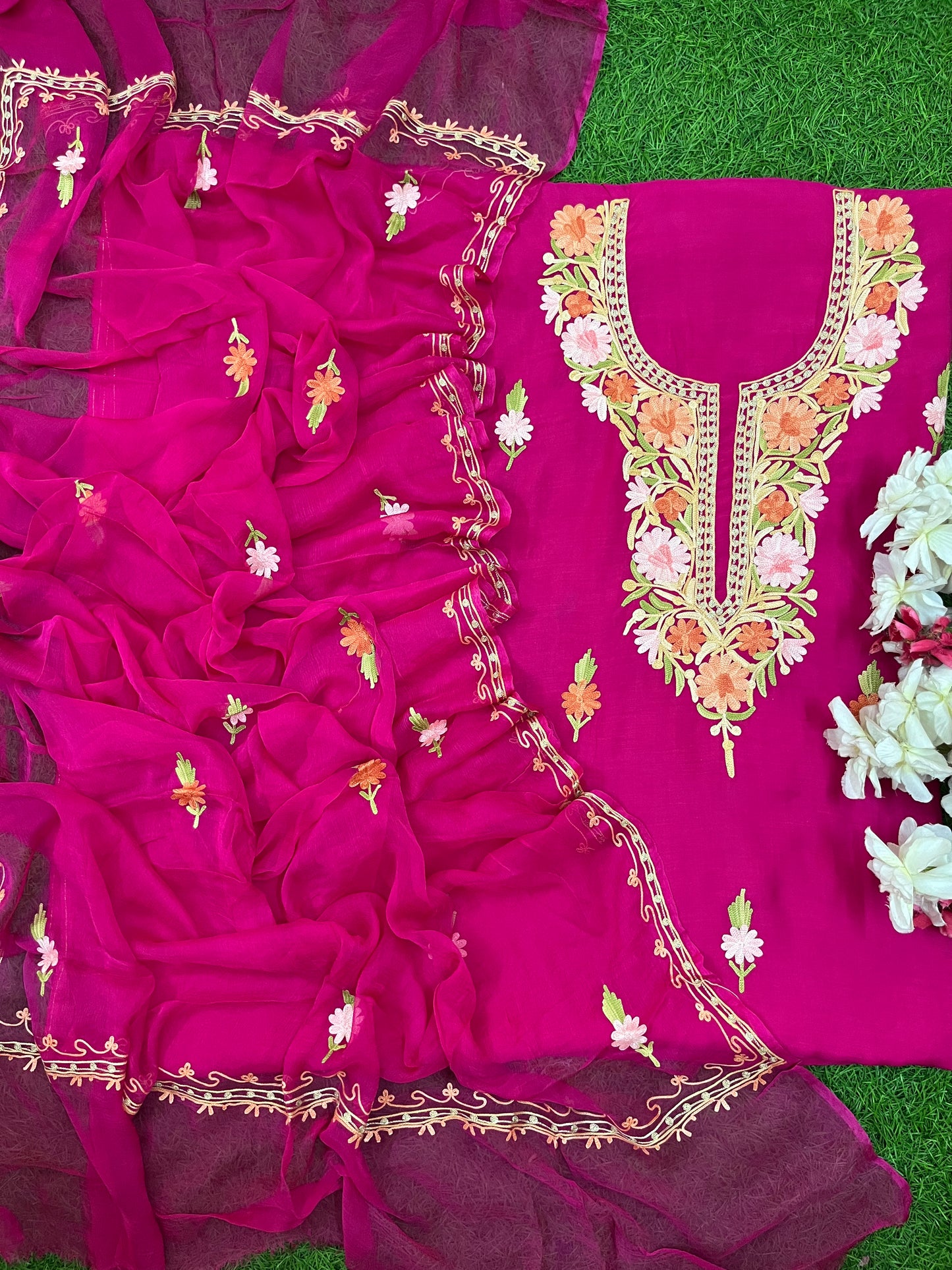 Hot Pink Muslin Cotton Jaal Sleeves Kashmiri 3pc Suit