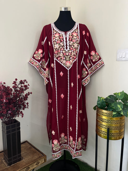 Maroon Georgette All over Work Aari Embroidered Unstitched Kurta