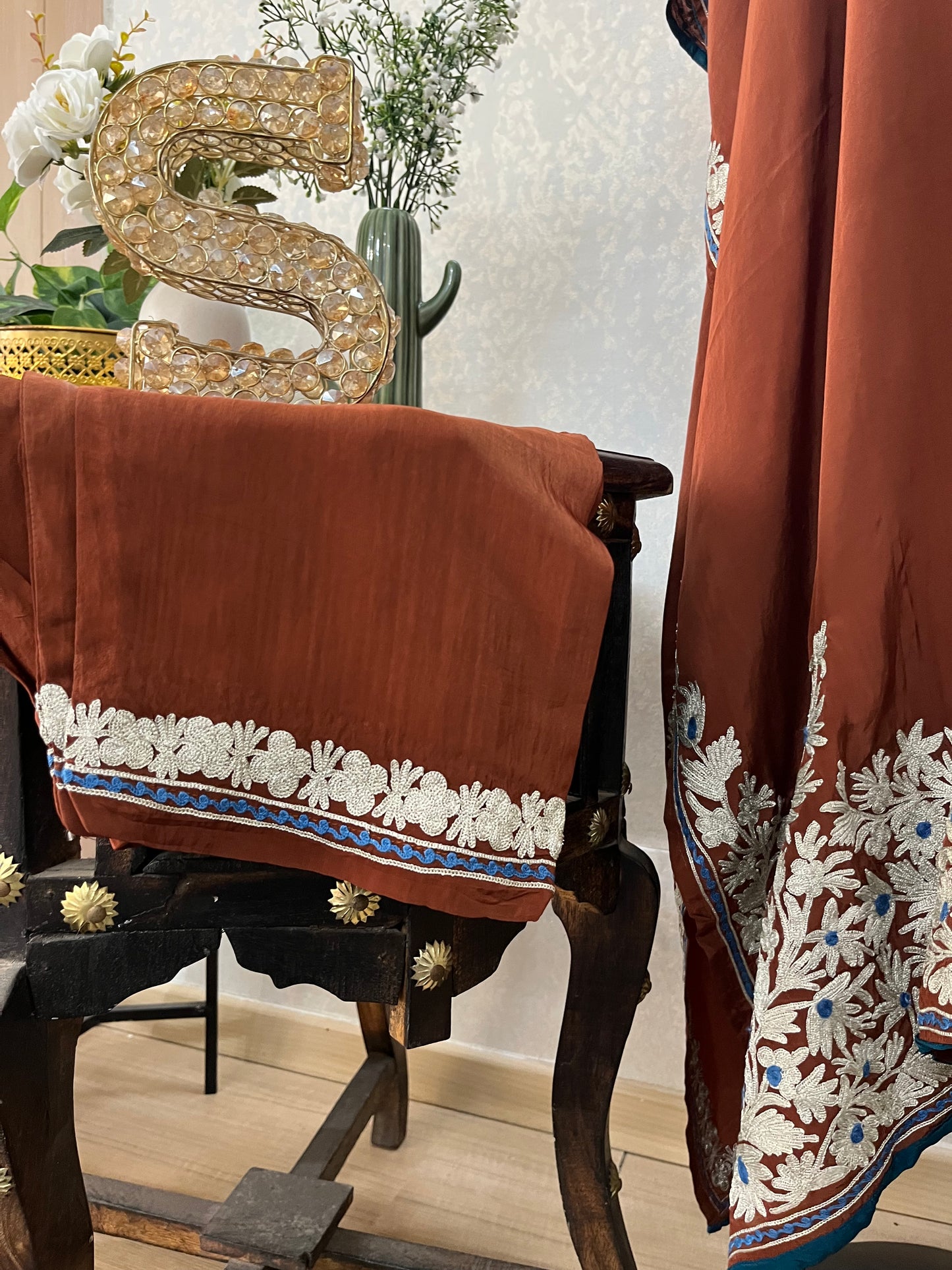 Brown Crape Kashmiri Kaftan Set