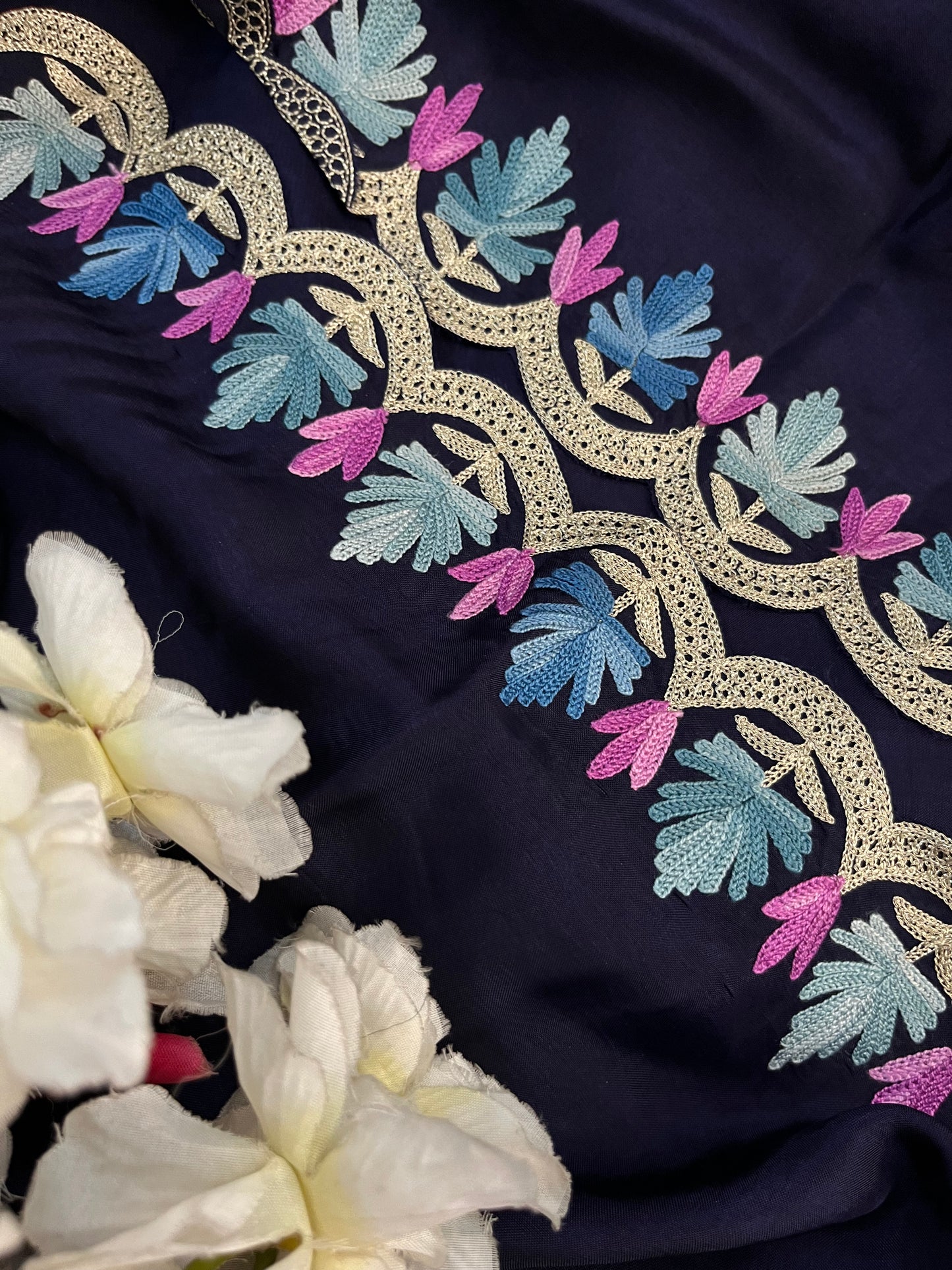 Sanam’ Navy Blue Silk Aari Embroidered Suit material