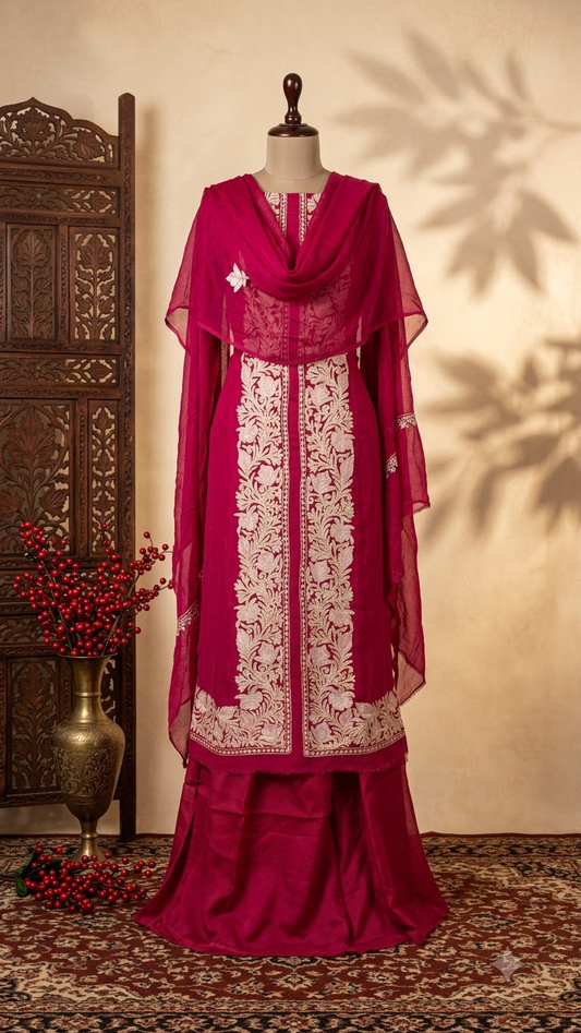 Hot Pink Pure Georgette Achkan Kashmiri Suit