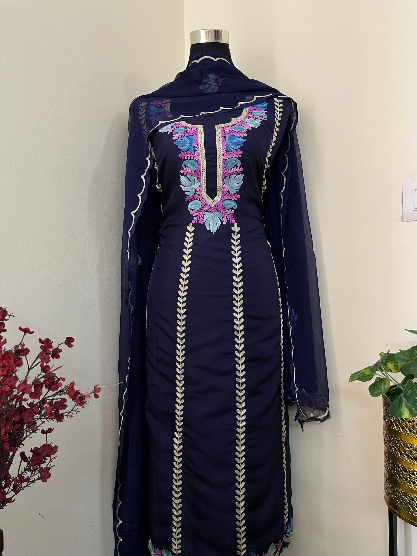 Sanam’ Navy Blue Silk Aari Embroidered Suit material