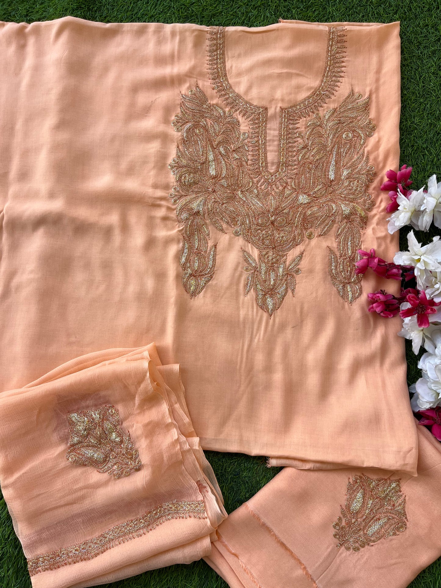 Kalaa’ Peach Muslin Silk Tilla Embroidered Suit material