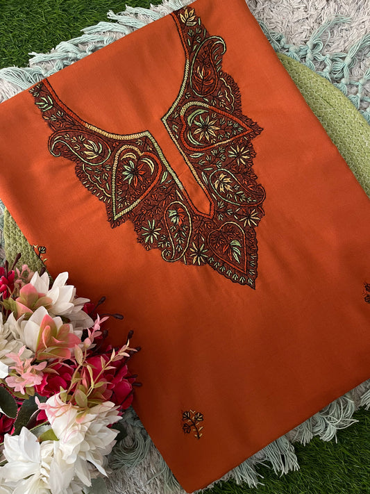 Cotton Orange Sozni Work Two Piece Set (Hand Embroidered)