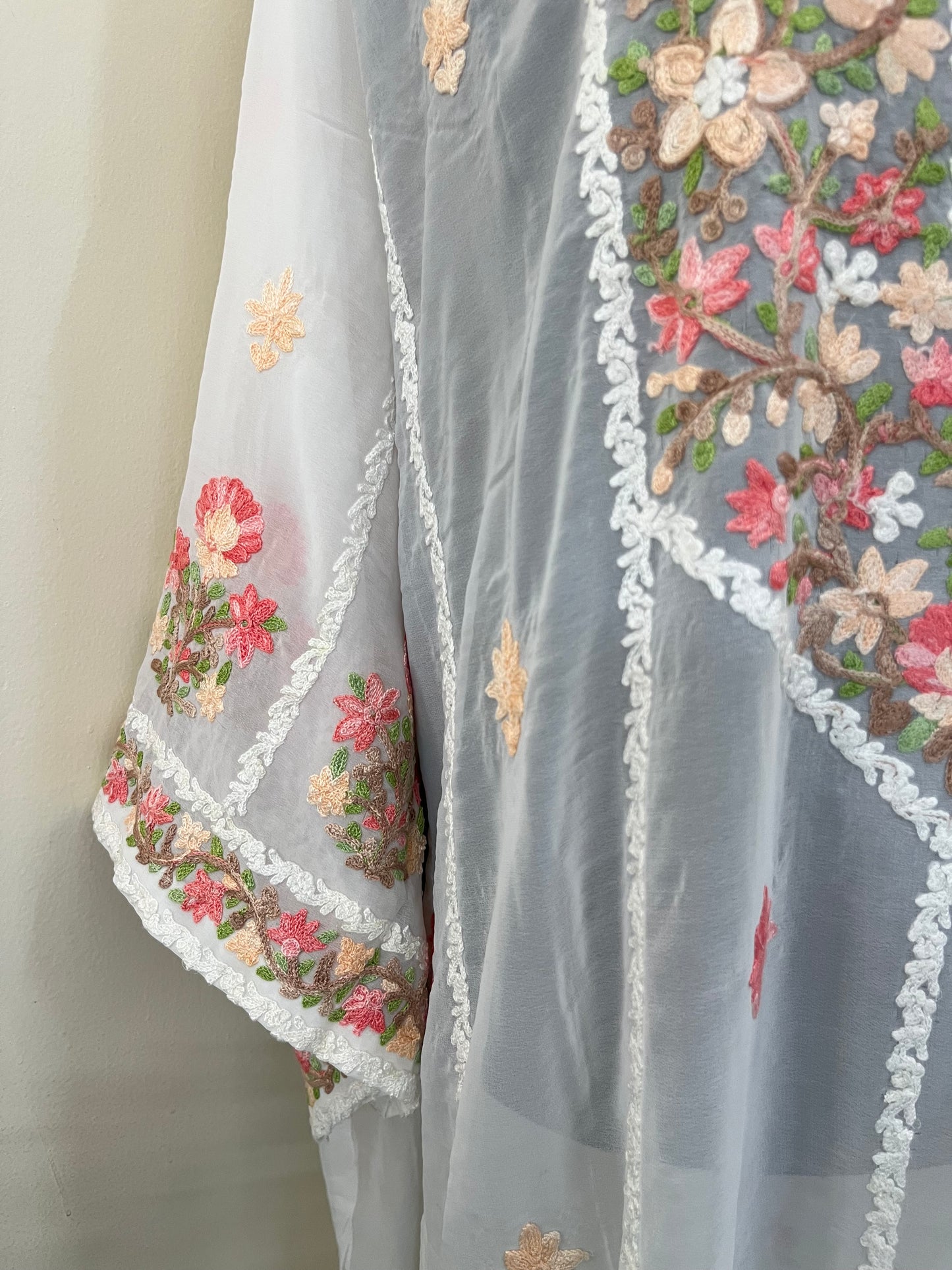 Off White Georgette All over Work Aari Embroidered Unstitched Kurta