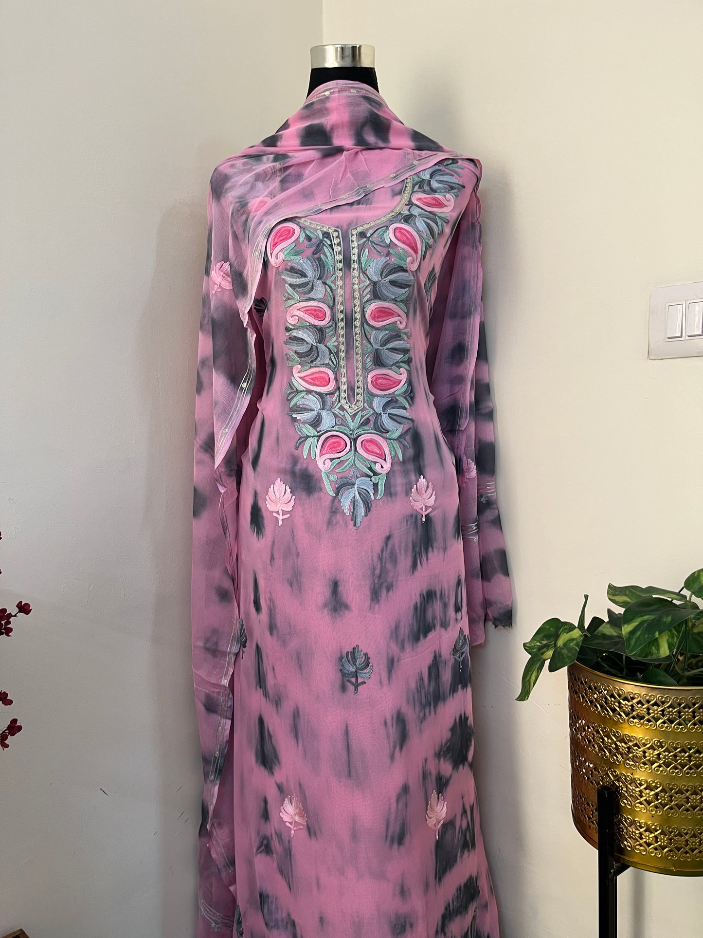 Rose Pink Pure Georgette Ty Dy Kashmiri Suit