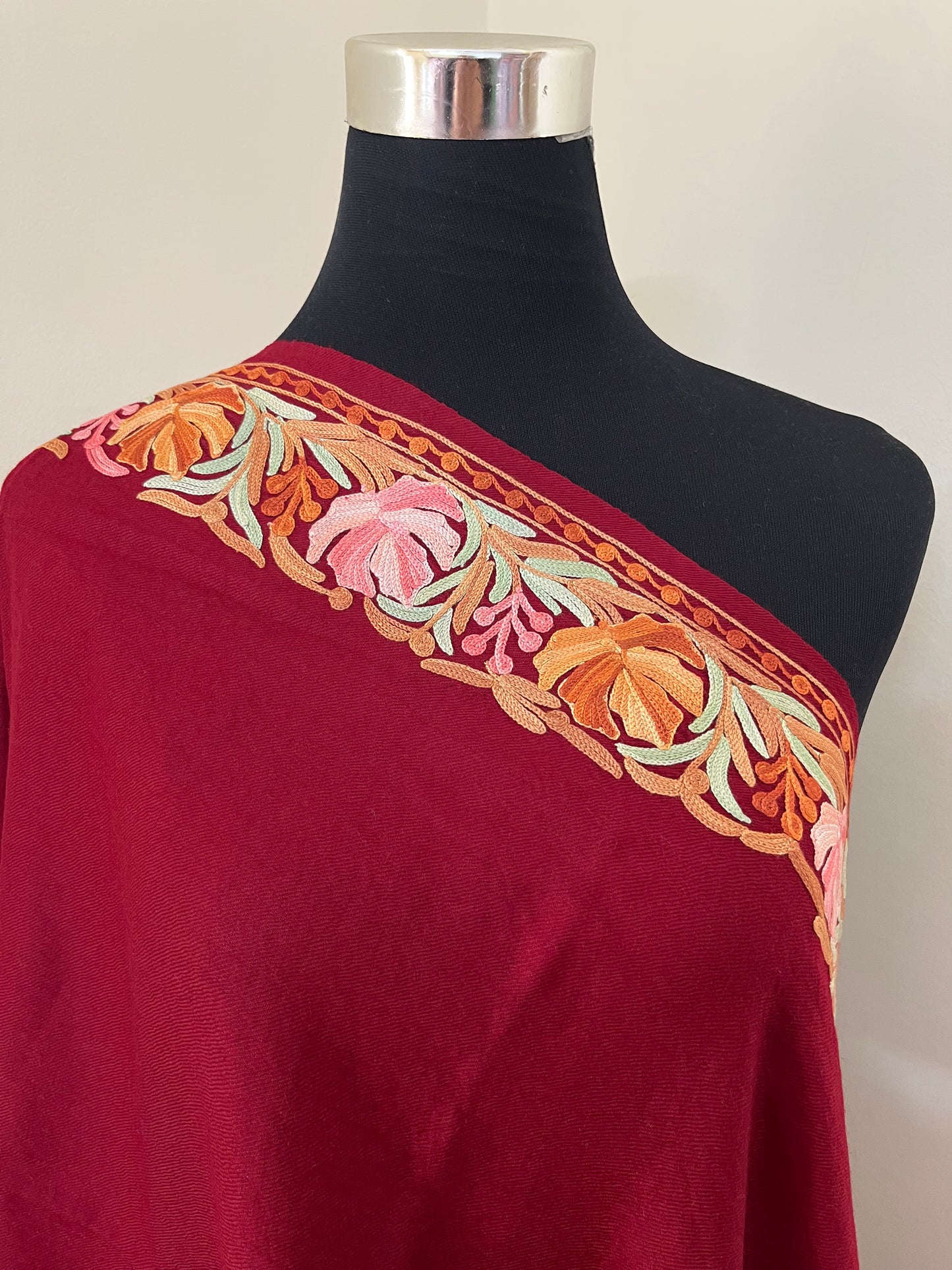 Maroon Fine Semi Pashmina Aari Embroidered stole