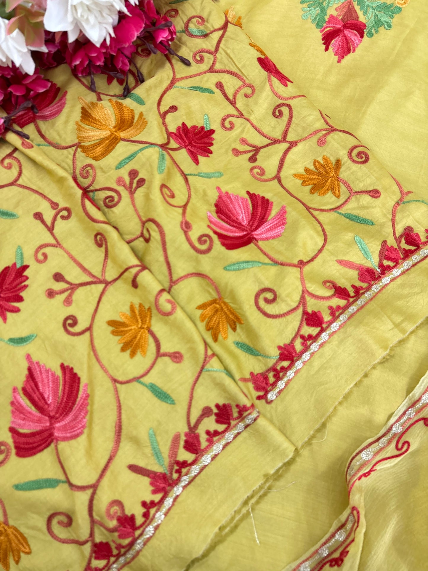 Soft Green Muslin Cotton Jaal Sleeves Kashmiri 3pc Suit