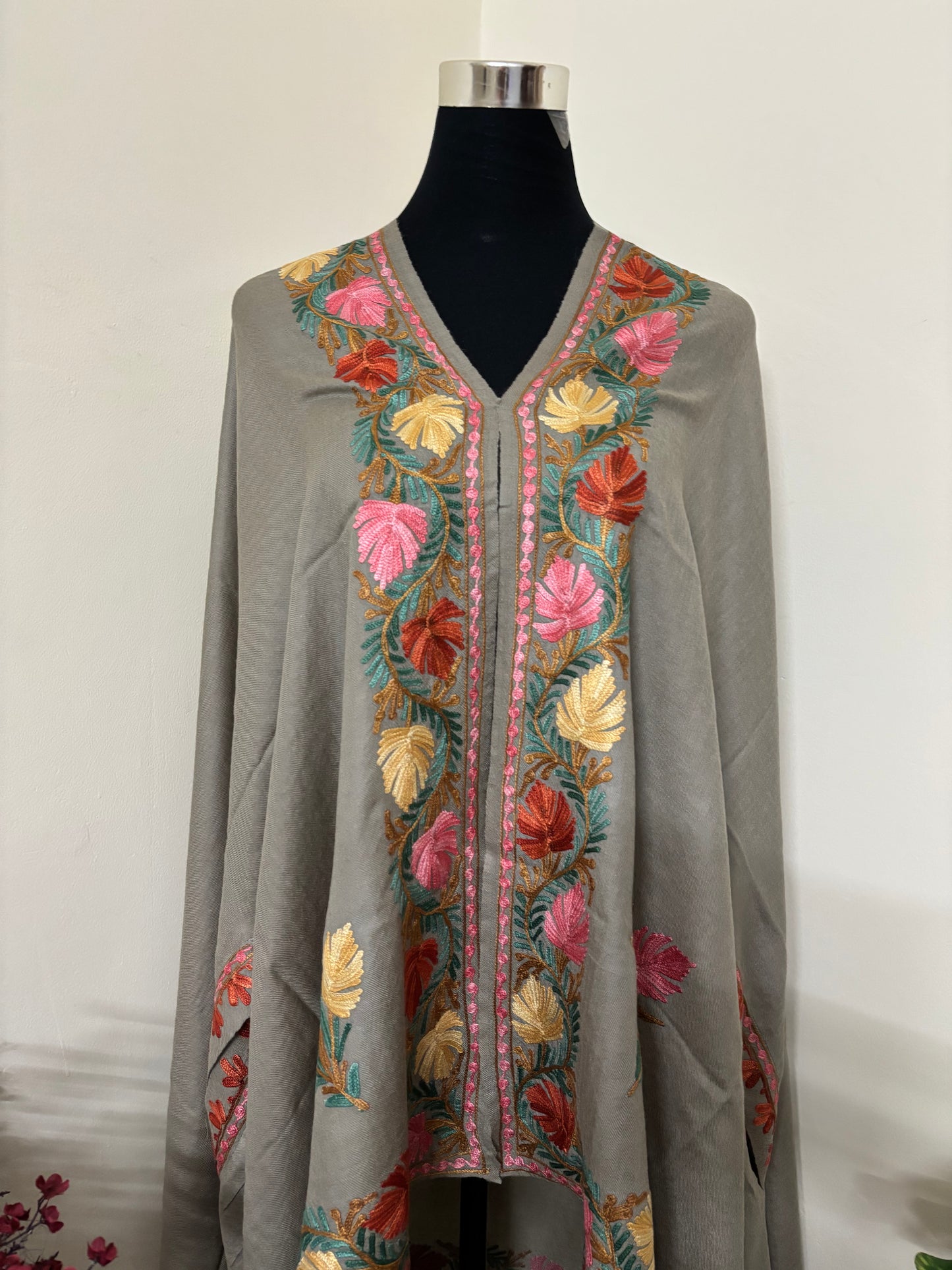 Beige Aari Embroidered Pure Wool Cape
