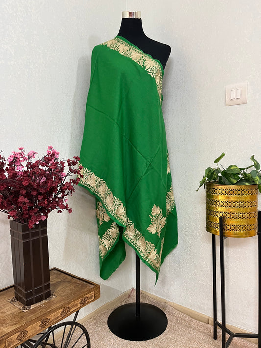 Green Semi Pashmina Tilla Embroidered stole