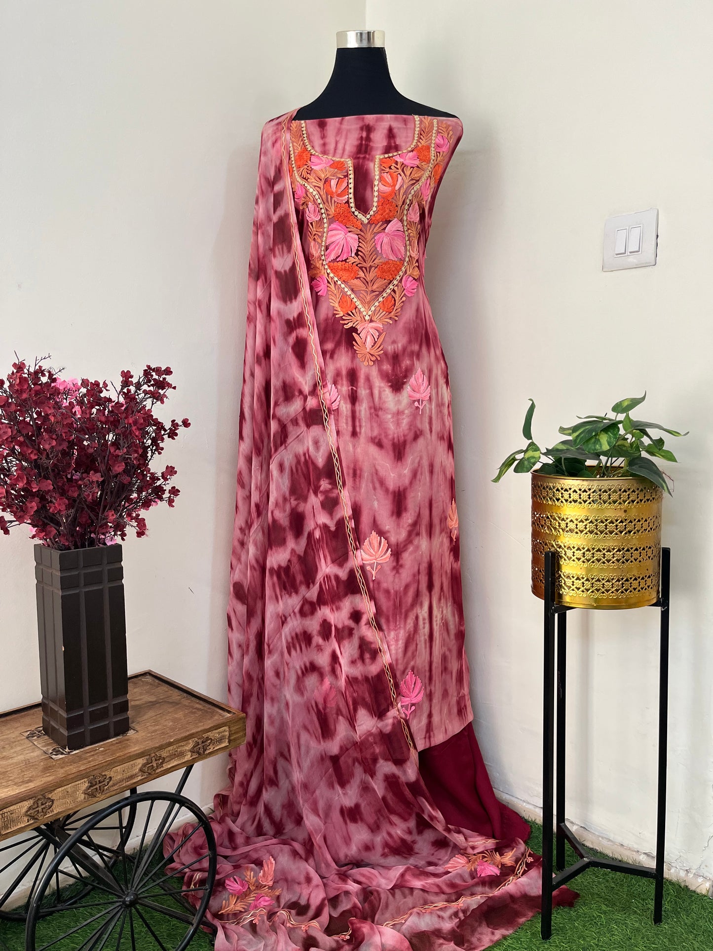 Cherry Red Pure Georgette Ty Dy Kashmiri Suit