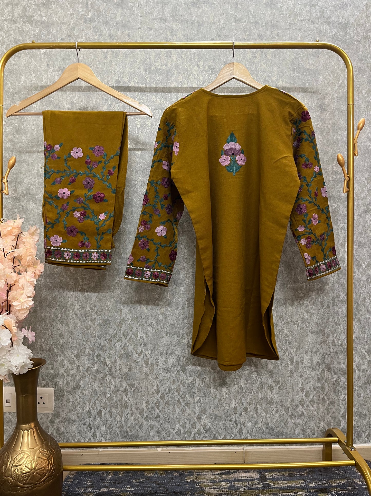 Mustard Brown Woollen Kashmiri Co-Ord Set ( Size 42 )