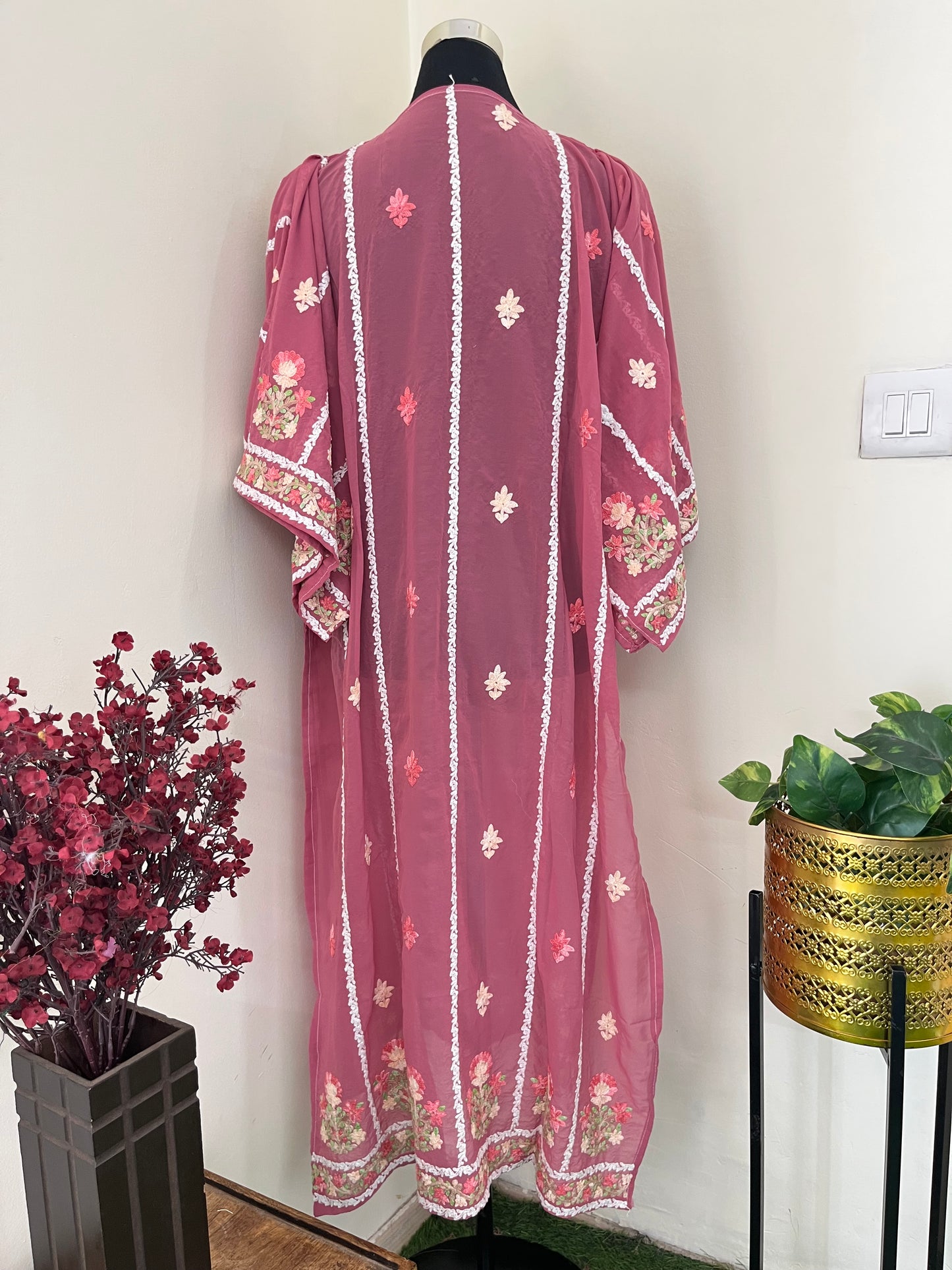 Pink Georgette All over Work Aari Embroidered Unstitched Kurta