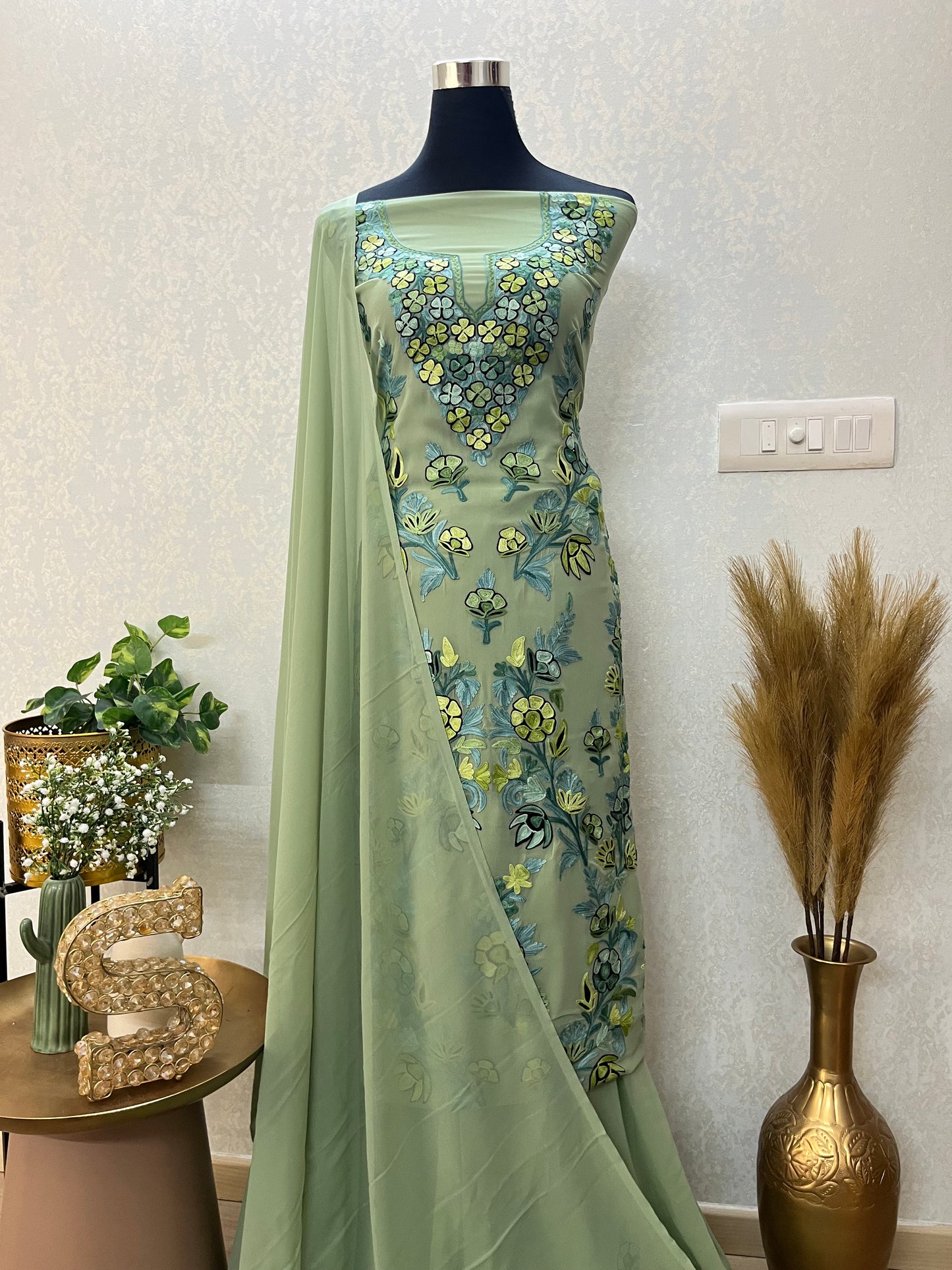 Mint Green Georgette 3 Pc Kashmiri Suit