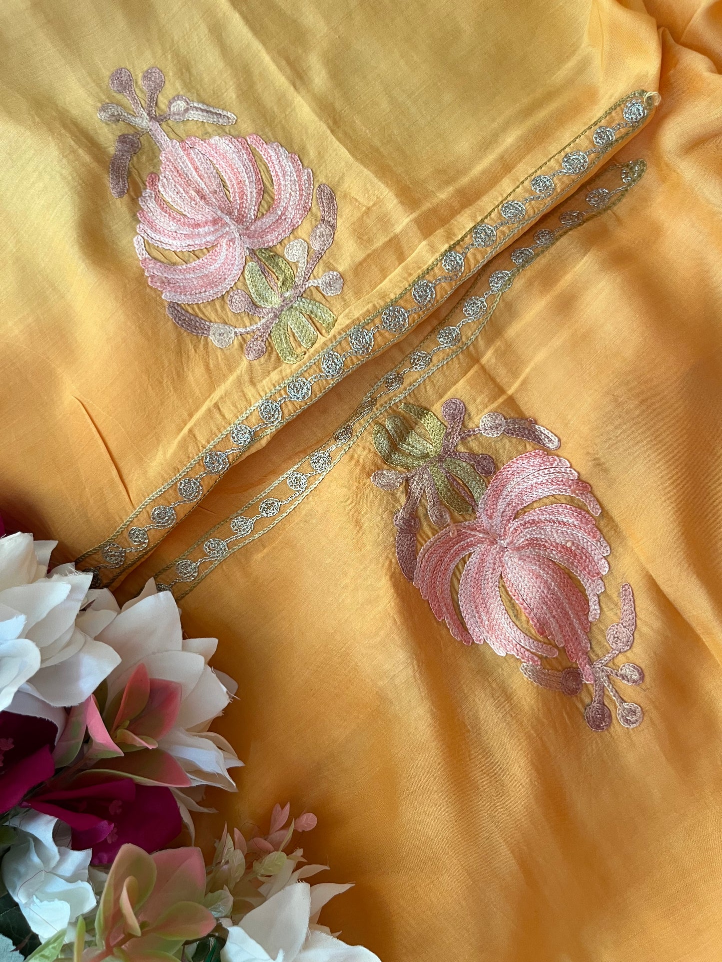 Soft Orange Mul Cotton Shibori Work Kashmiri 3pc Suit