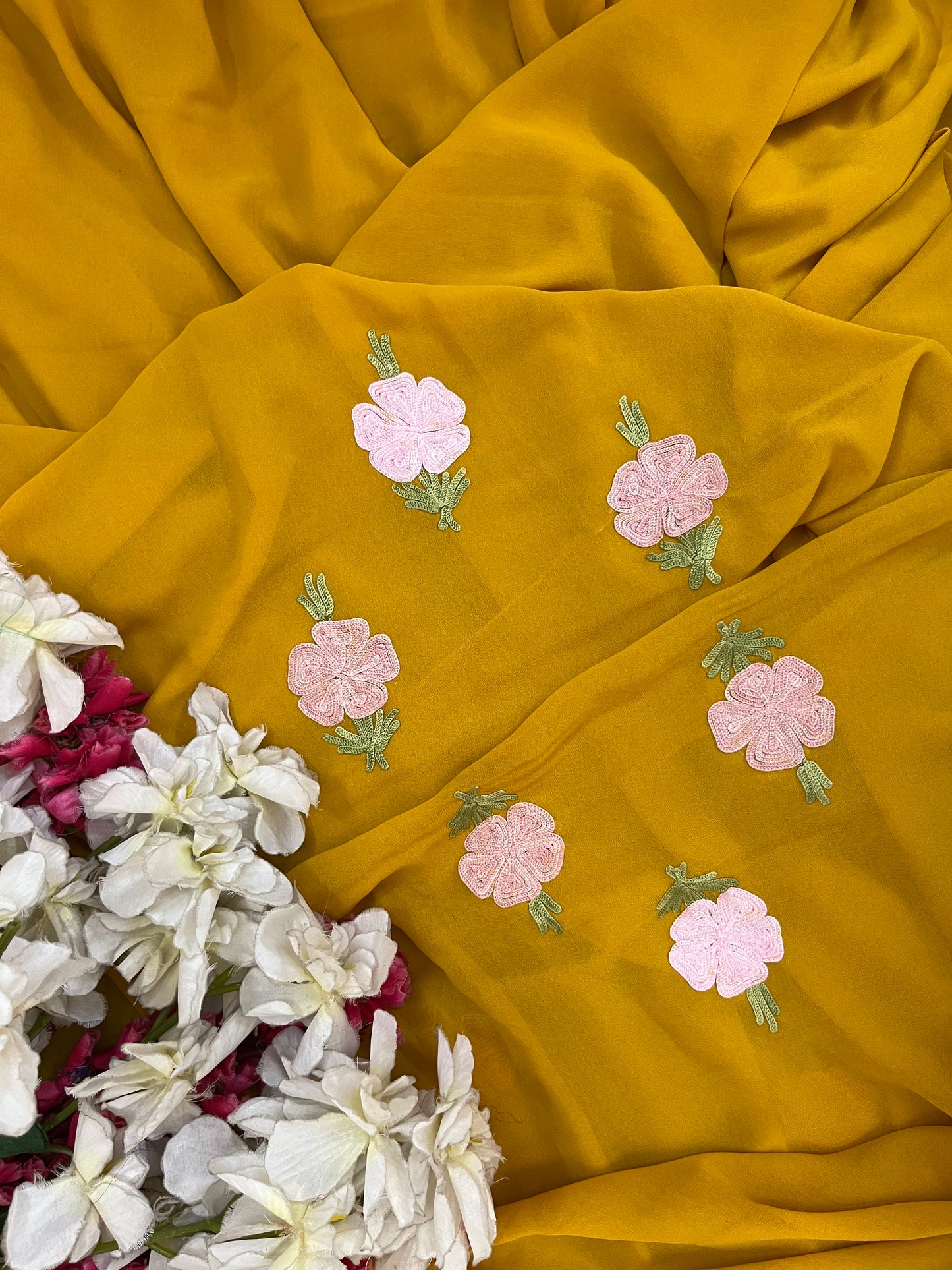 Mustard Georgette 3 Pc Aari Embroidered Suit