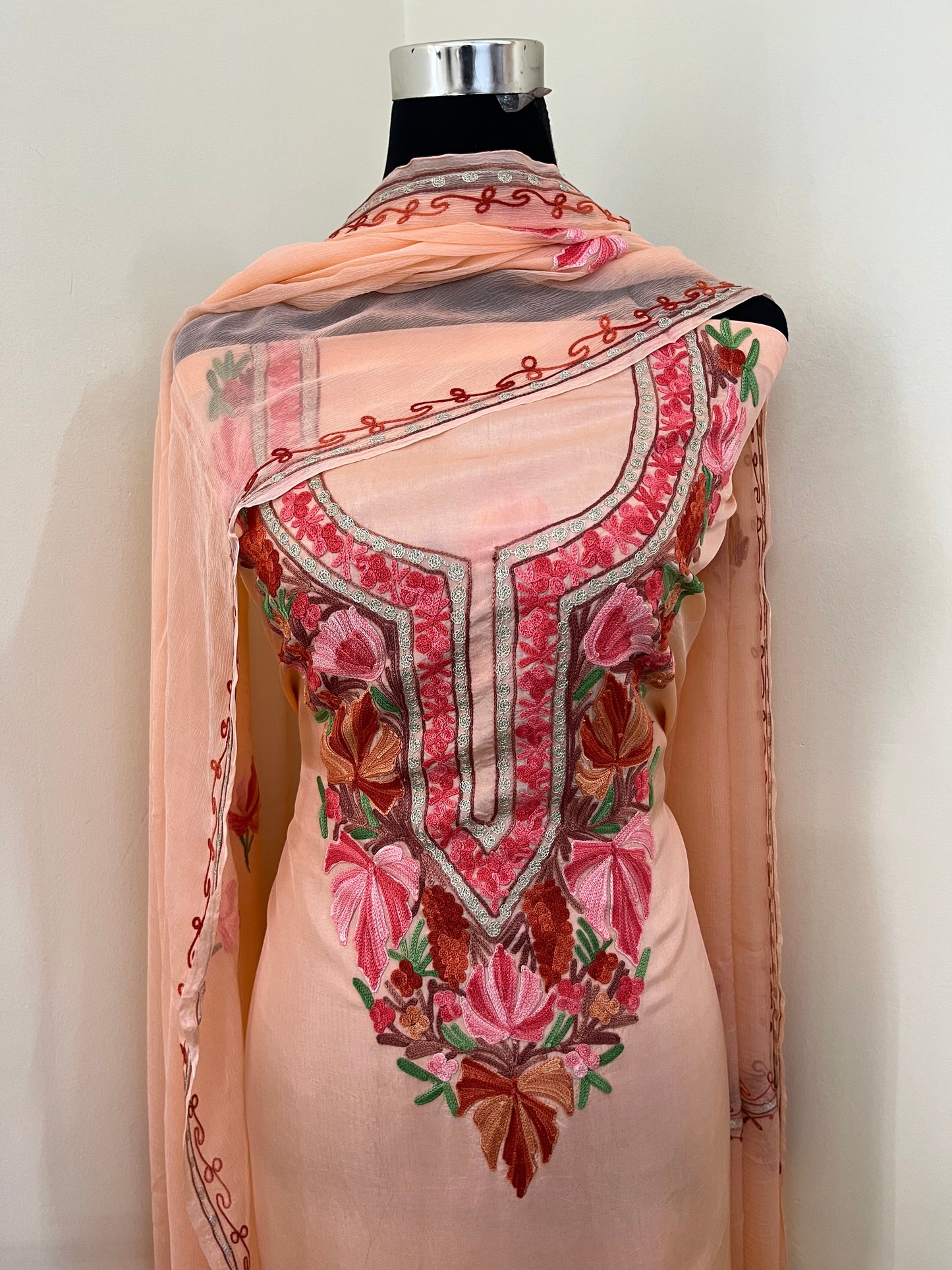 Peach Opada Silk Aari Embroidered Suit material