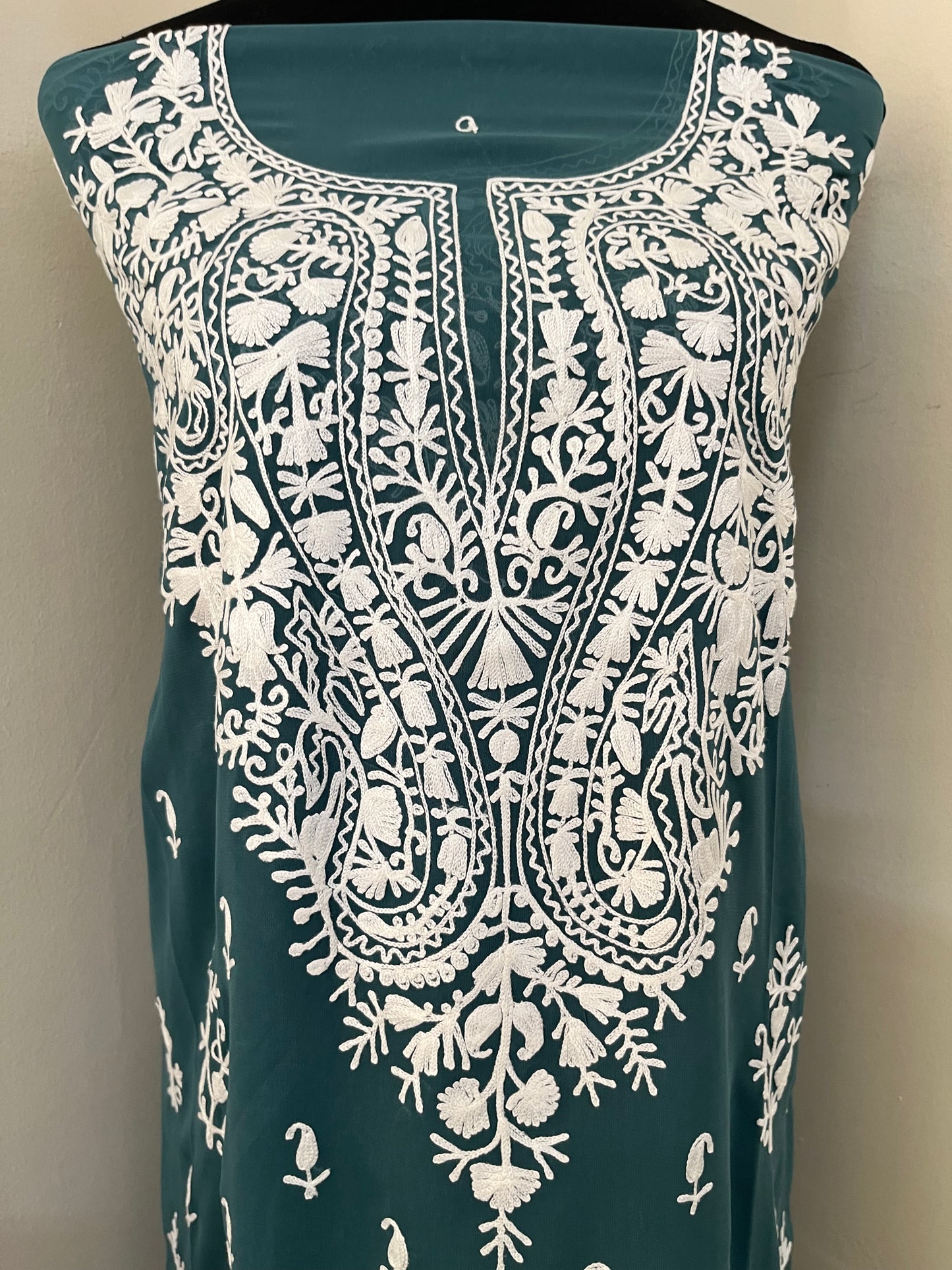 Teal Green Georgette Kashmiri Unstitched Kurta Material