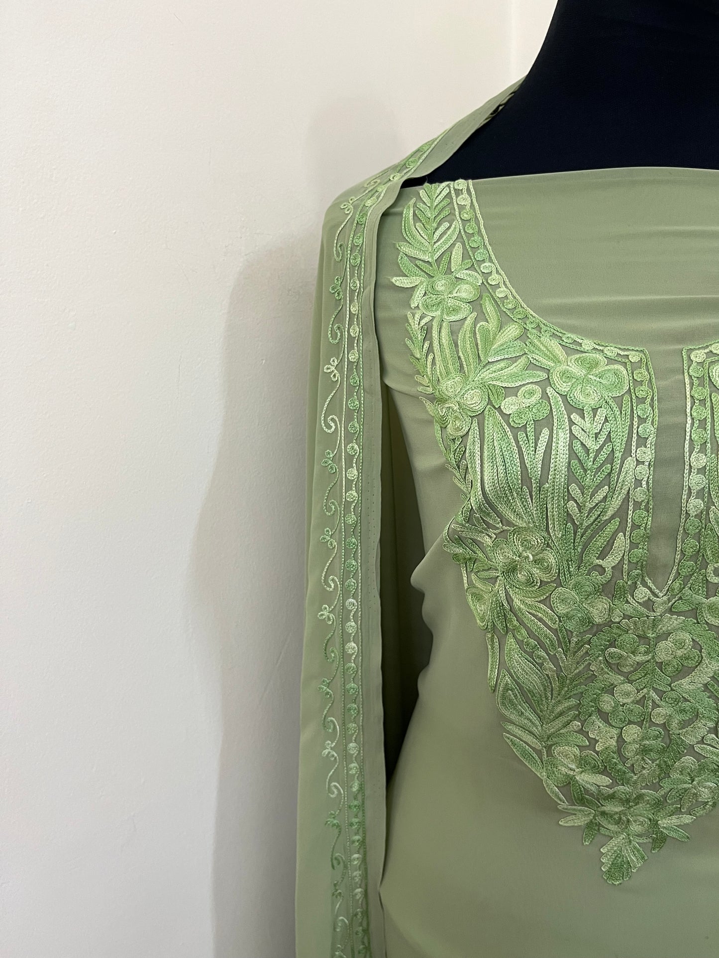 Tea green Georgette 3 Pc Aari Embroidered Suit Set