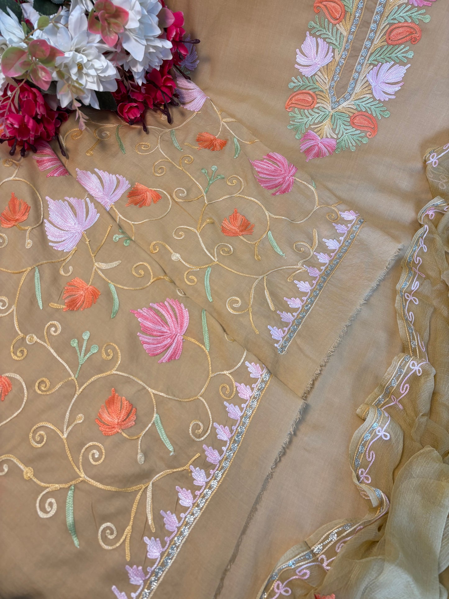 Faun Muslin Cotton Jaal Sleeves Kashmiri 3pc Suit