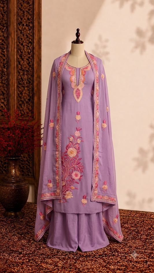 Panther Pink Pure Georgette Aari Embroidered Suito